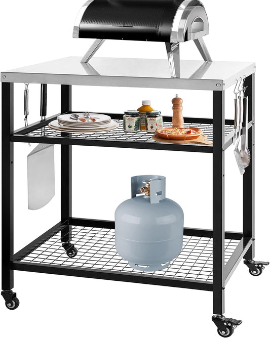 Stainless Steel Outdoor Grill Cart Pizza Oven Stand Trolley Table with Wheels Three-Shelf Movable Food Prep and Work Table Heavy Duty Grill Carts Outdoor Cart 31.5"×24"×35.5"