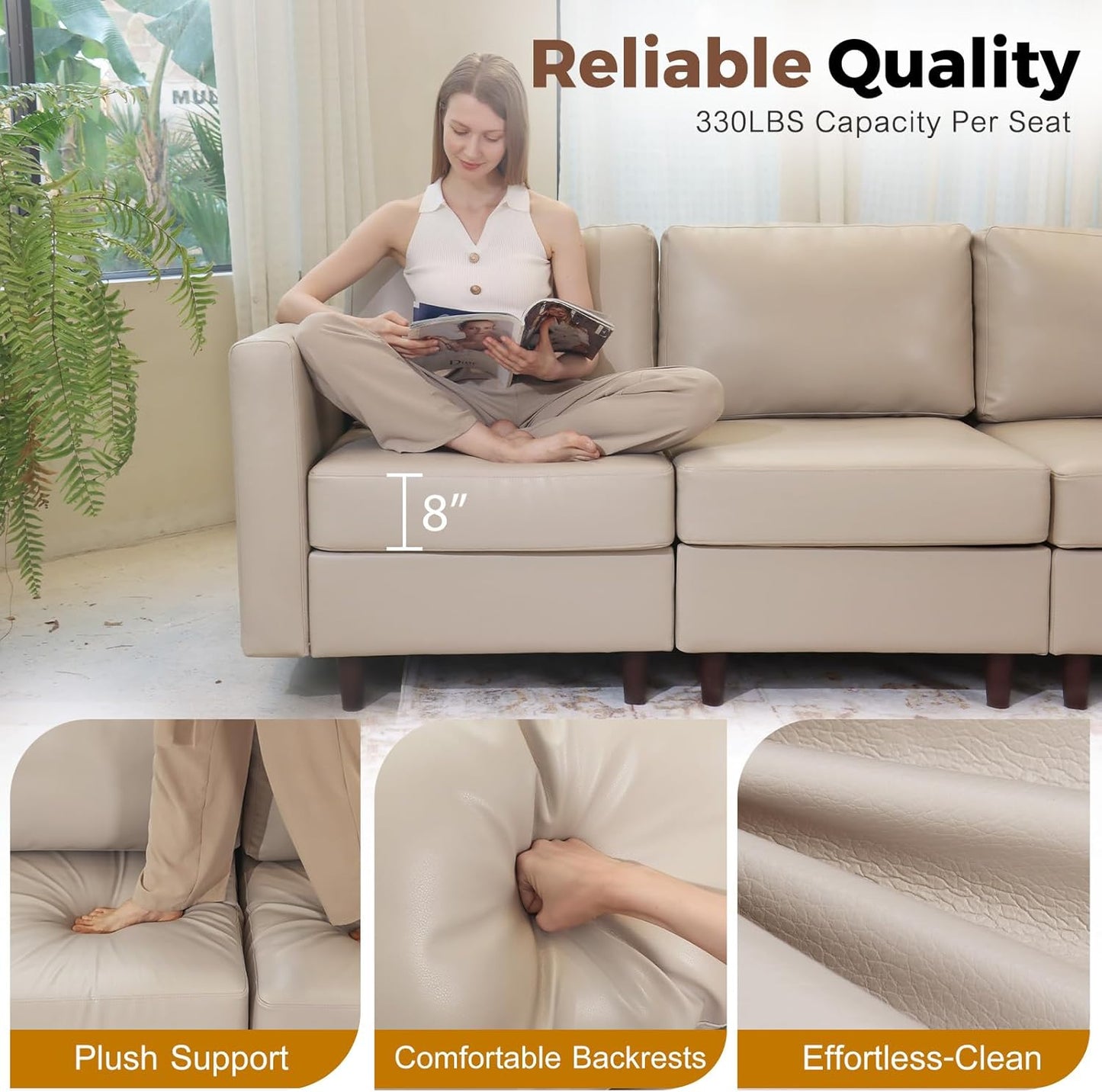 64.6" Faux Leather Loveseat Sleeper Sofa Bed with Storage Seat, Modern Modular Sectional Couch Deep Seat with Reversible Chaise 2-Seat Whitesand for Apartment, Living Room, Bedroom