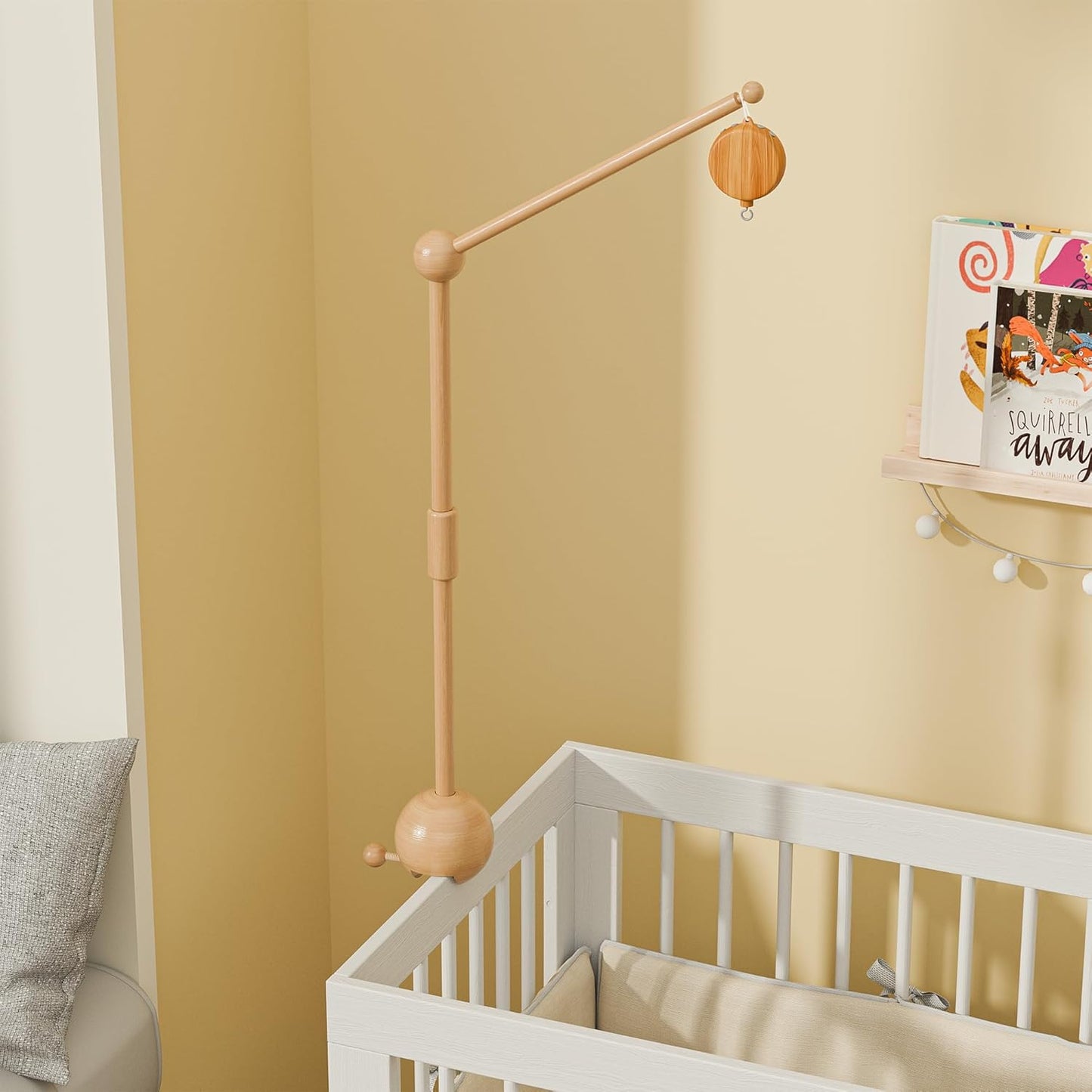 Crib Mobile Arm with Music Box,32.5 Inch Crib Mobile Stand,Wooden Mobile Arm for Crib (2 Modes,360°Adjustable,100% Beech Wood) Baby Crib Mobile for Boy and Girl