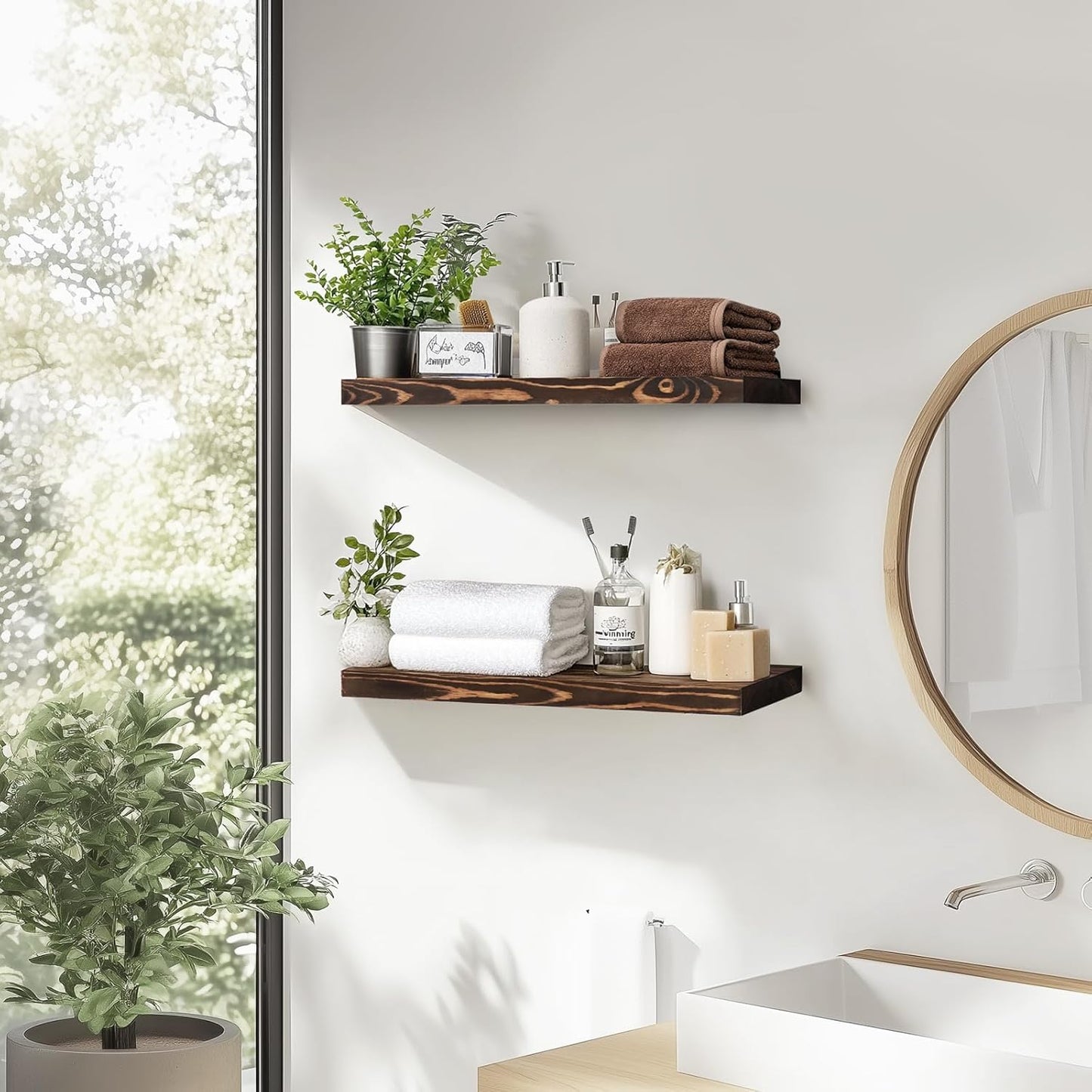 Floating Wall Shelves - 16"x6.8"x1.2" Sturdy Rustic Brown Solid Wood Shelves for Storage and Décor, Easy Installation for Living Room, Bedroom, and Kitchen - 2 Pack