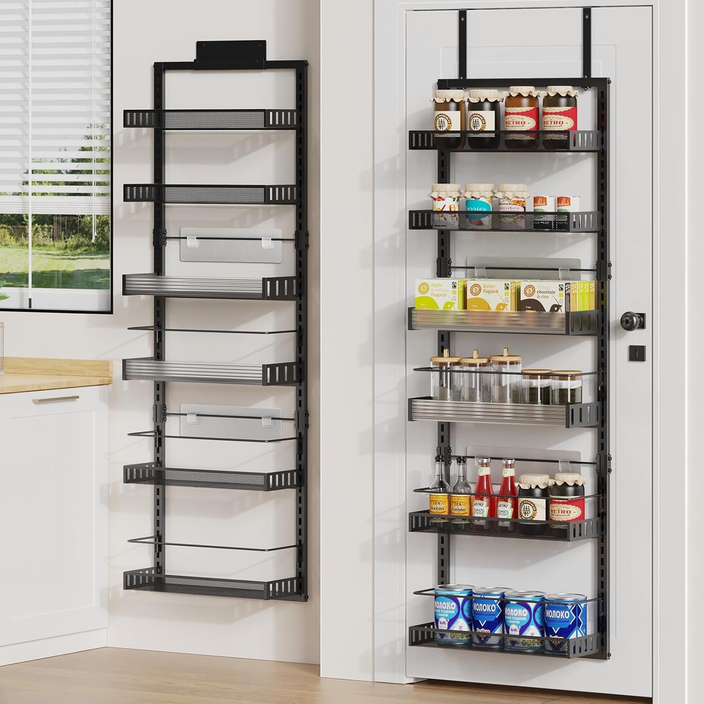 6-Tier Over the Door Pantry Organizer, 2 in 1 Large Door Spice Rack with Adjustable Metal Baskets, Heavy Duty Hanging or Wall Mounted Storage Organizer for Kitchen Pantry and Room Wall