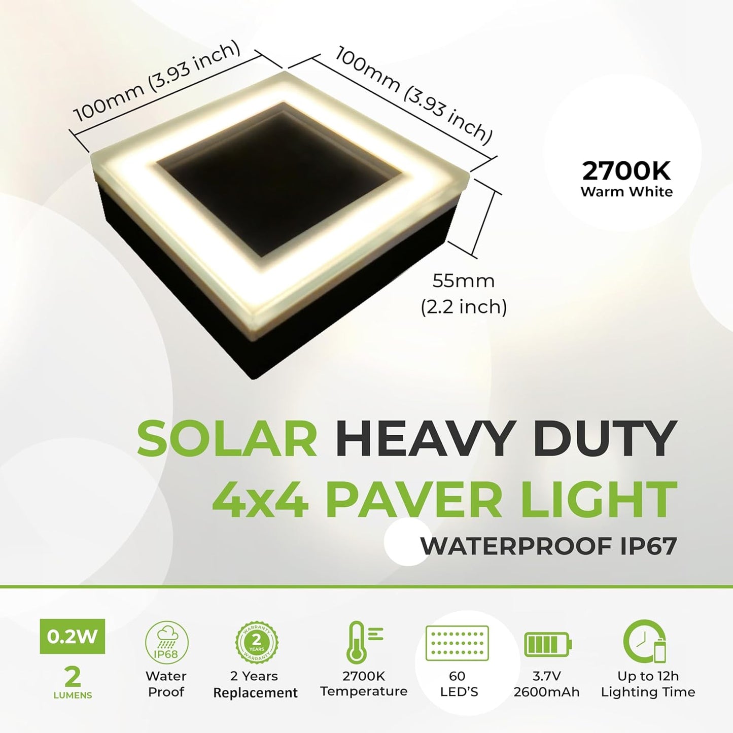 LUMENGY Solar Paver Light 4×4 inch (3.93 X 3.93), Up To 12 Hours Continues Lighting, Stainless Steel, Glare-Free Lighting For Driveways & Garden, 2700K Warm White, Waterproof & Drive-Over Rated. Ver 2
