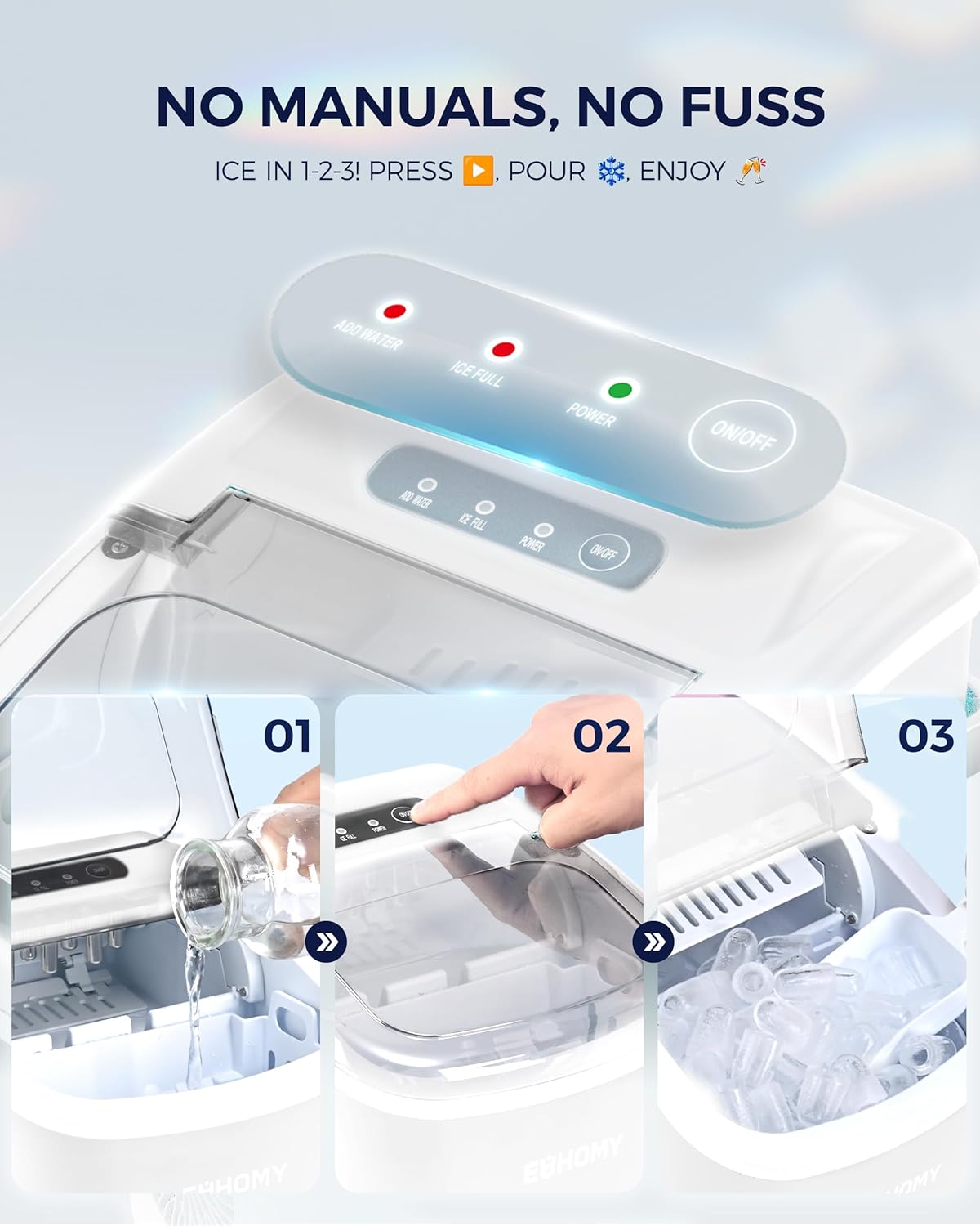 EUHOMY Countertop Ice Maker Machine with Handle, 26lbs Per Day, 9 Ice Cubes Ready in 6 Mins, Auto-Cleaning Portable Ice Maker with Basket and Scoop, for Home/Kitchen/Camping/RV (White)