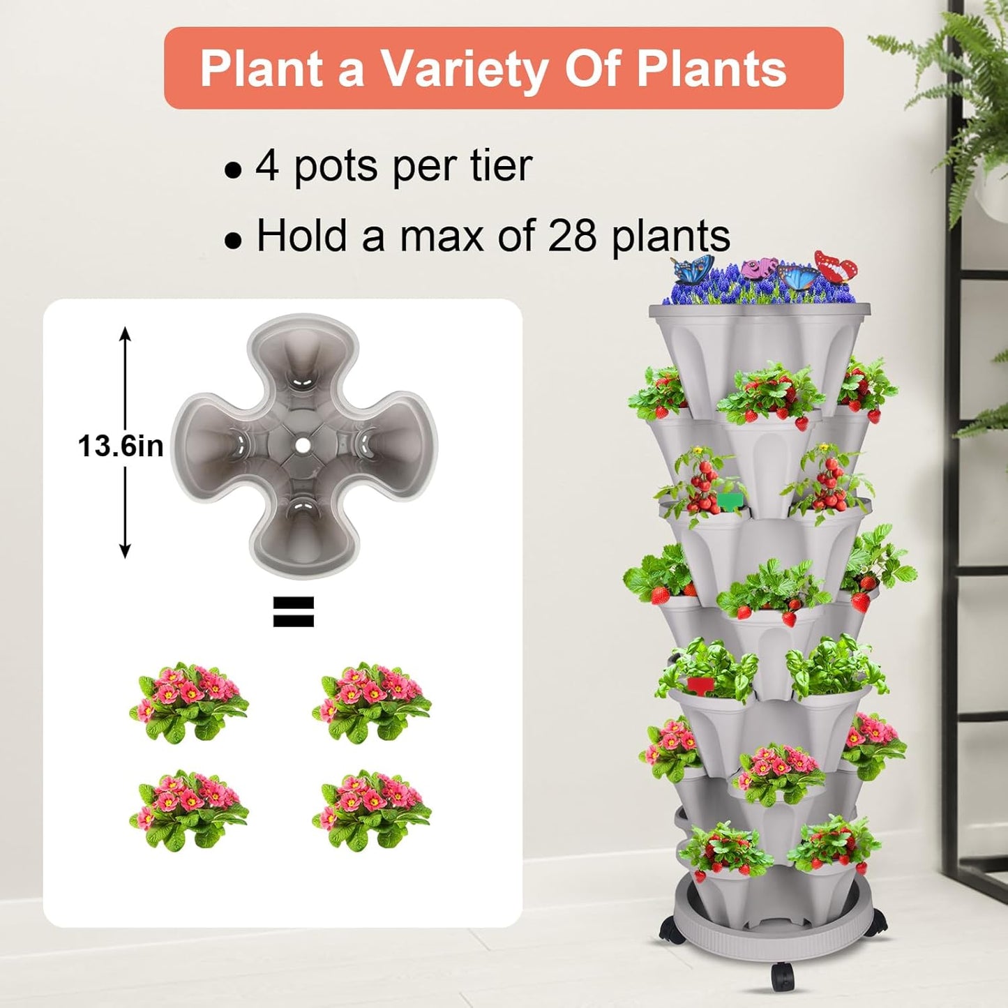 DUNCHATY Stackable Planter, Vertical Strawberry Planter with Garen Tool Set, Self Watering Garden Planter Indoor/Outdoor 7 Tier Herb Planter Pots for Growing Vegetables and Succulents, Gray