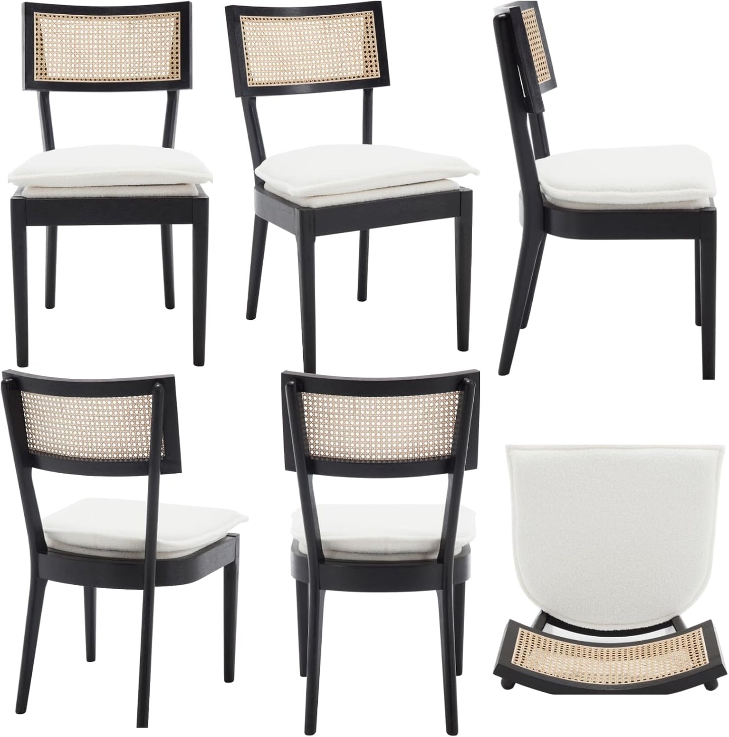 Rattan Dining Chairs Set Of 6 , Mid Century Modern Black Wooden Cane Back Chairs with Removable Sherpa Cushion , Retro Farmhouse Upholstered Kitchen & Dining Room Chairs for Restaurant Living Room