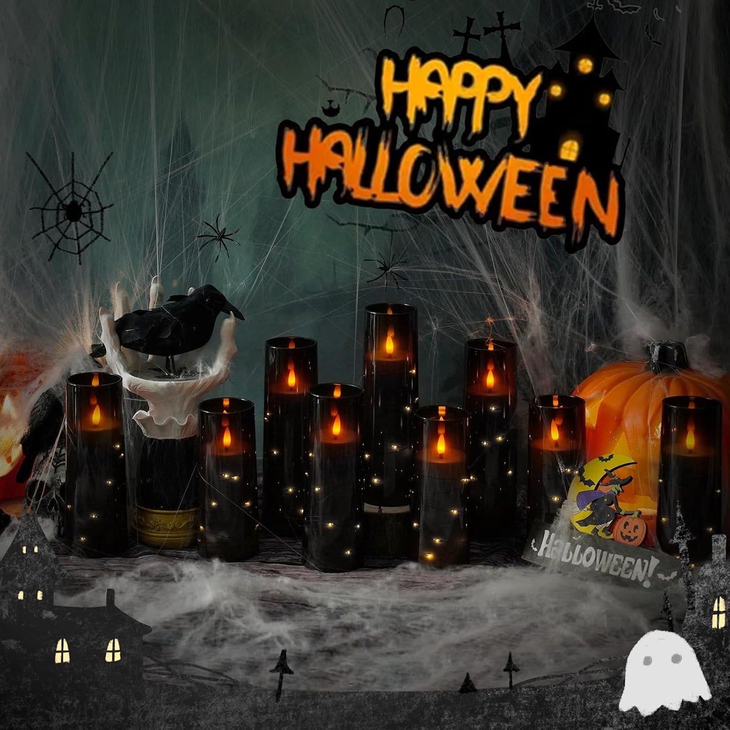 Flickering Flameless LED Candles, 9 Pcs with Embedded Star String, Acrylic LED Pillar Candles with Remote, Suitable for Home Decoration (Black)