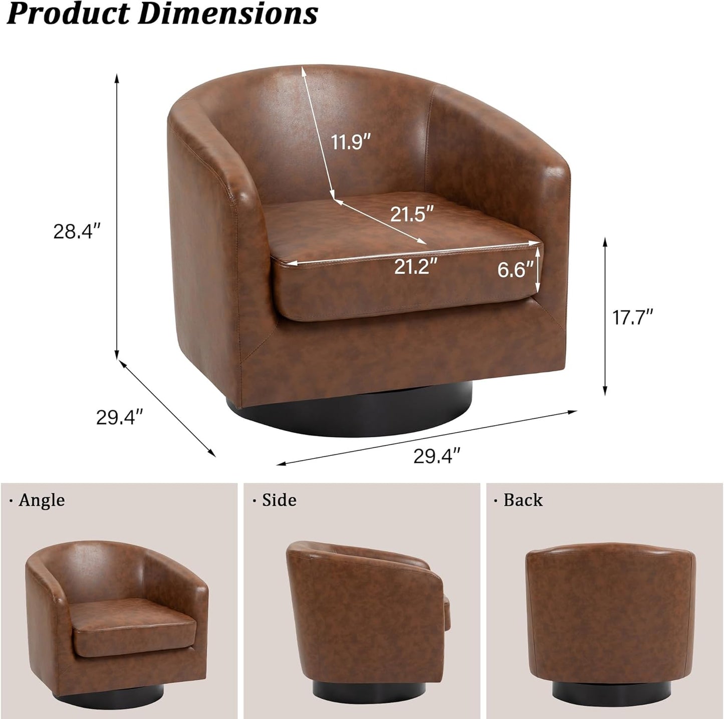 Swivel Barrel Accent Chair, Modern Round Faux Leather Arm Chair for Living Room, Bedroom, Comfy Club Reading Chairs for Adults(Faux Leather, Coffee, Set of 2)