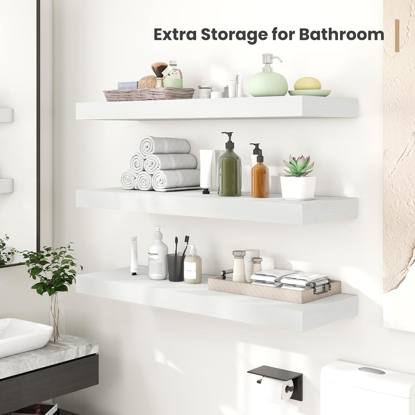 Heimlove 12 Inch Deep Floating Shelves, 12 x 12 inches Long Wall Shelf, Large Extra Display Shelf & Storage Shelf, Rustic Wood Wall Shelves for Fireplace Mantel, White - 2Pack