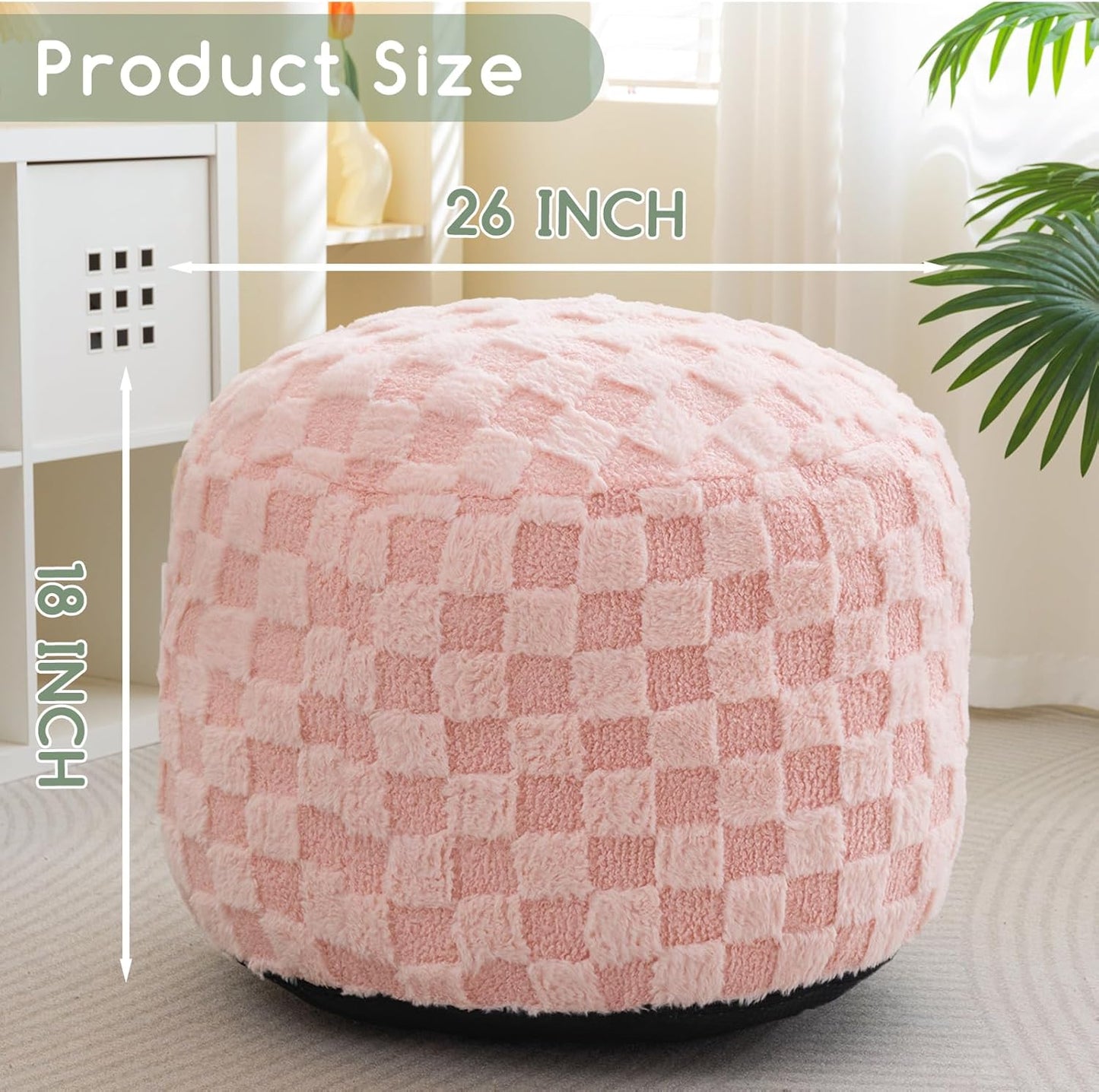 HIGOGOGO Round Stuffed Pouf Ottoman, Plaid Poufs with Foam Chunk Filling, Fluffy and Furry Pouf Foot Stool Storage Ottoman, 26 X 18 Floor Poufs Foot Rest for Living Room, Pink