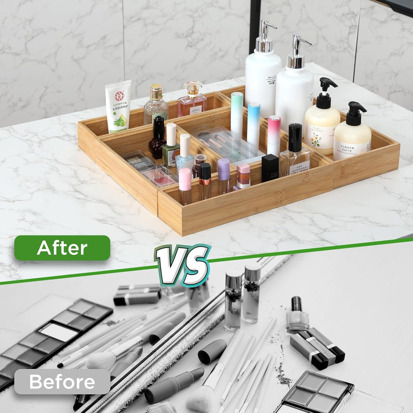 Bamboo Drawer Organizer, 2PCS Stackable Storage Boxes for Utensil Organizer, Wood Tray for kitchen, Bathroom and Bedroom 12" x 6" x 2"