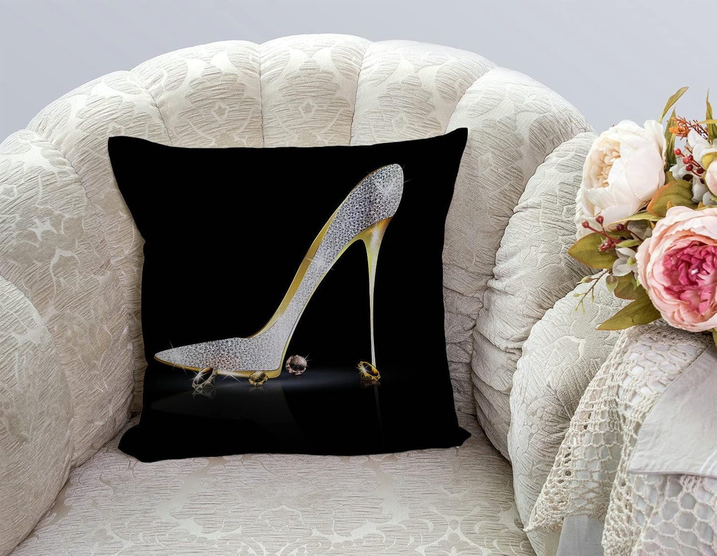 TSSOHU Square Decorative Throw Pillow Case Cushion Cover,Fashion Lady High Heel Shoe with Diamonds Soft Pillowcase 18x18 inch (No Glitter)