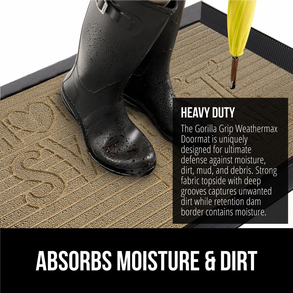 GORILLA GRIP 100% Waterproof All-Season WeatherMax Doormat 35x23, US Designed Natural Rubber, Stain and Fade Resistant, Low Profile Indoor Outdoor Door Mats, Easy Clean Patio Mat, Home Sweet Home