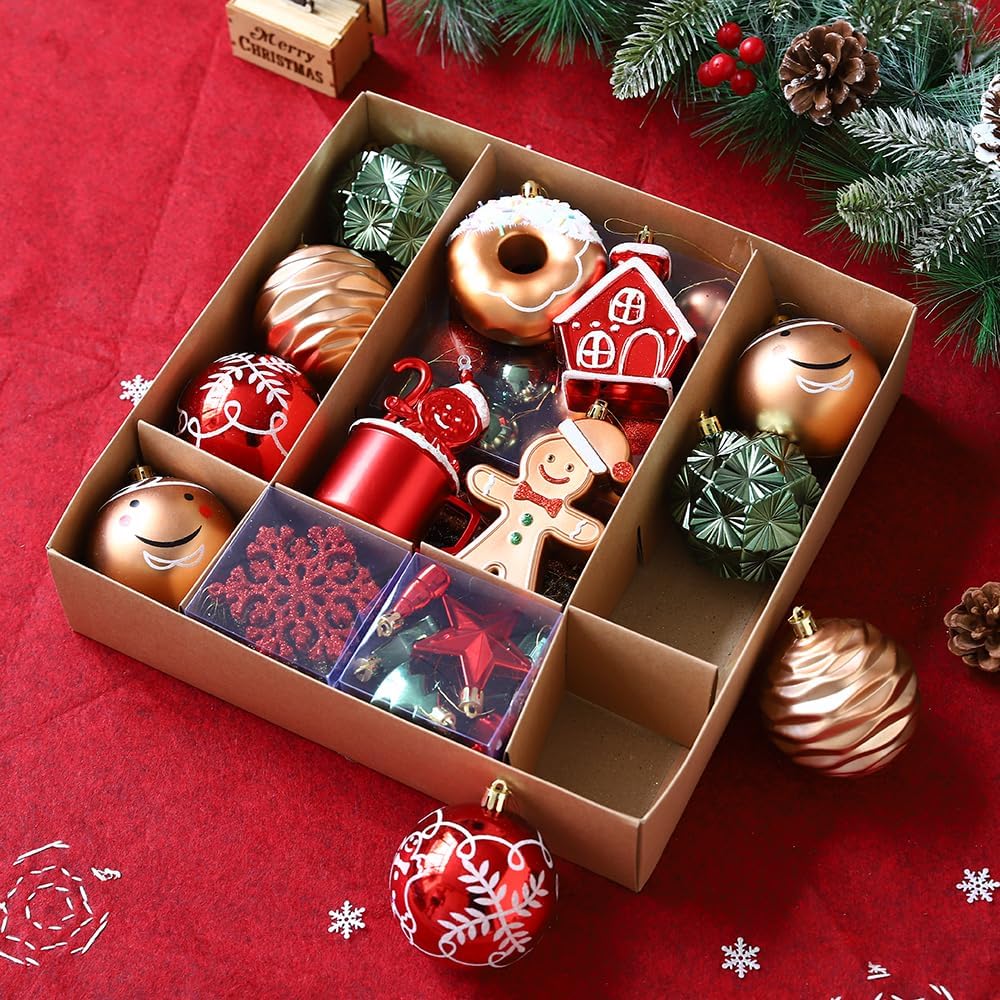 Gingerbread Man Christmas Tree Ball Ornaments Set - 72 ct Red Green Copper Gold Plastic Shatterproof Hanging Ornaments for Xmas Tree Indoor Outdoor Holiday Party Decorations