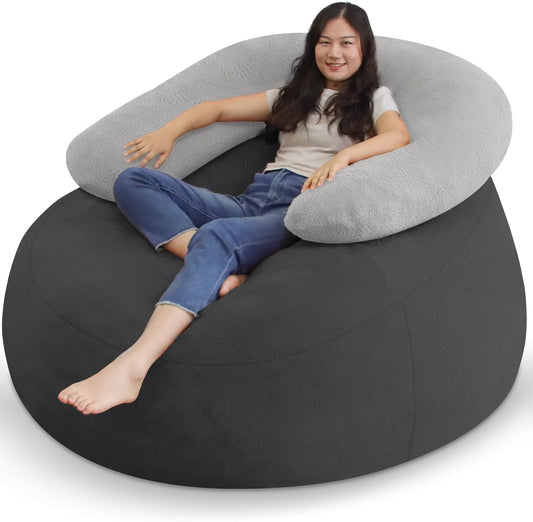 HABUTWAY Bean Bag Chair with U-shaped Pillow for Adult and Kids Big BeanBag Chair with Filling Ultra Soft Faux Fur Couch Chair with Washable Cover for Living Room Bedroom Office, Dark Grey& Light Grey