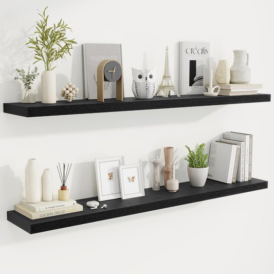 Fun Memories 55 Inch Fireplace Mantel Shelf -Long Floating Shelves, Deep Wall Mounted Farmhouse Display Shelves with Invisible Heavy Duty Metal Bracket, Black, 2 Pack