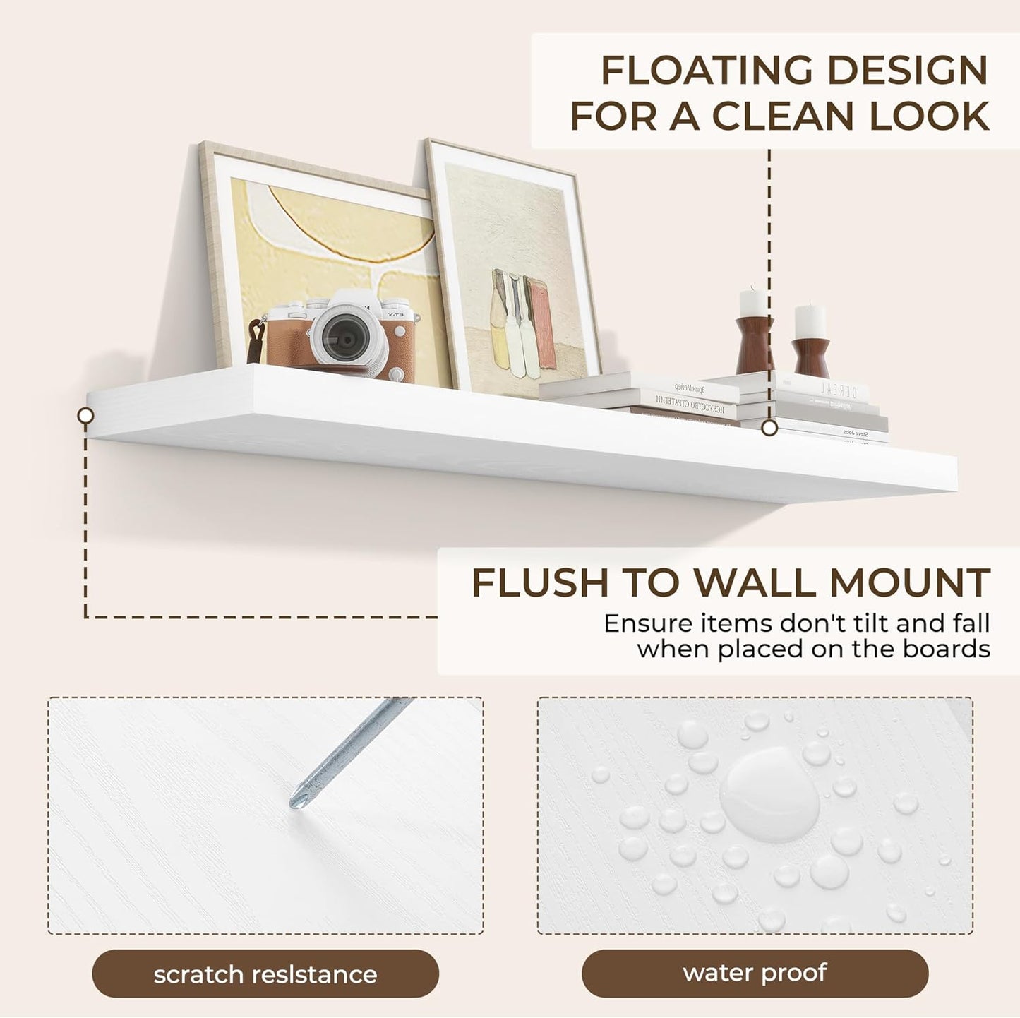 RICHFOCUS 48Inch Floating Shelves for Wall 1 Pack Shelves for Bedroom|Kitchen|Bathroom Wall Mounted Rustic Wood Floating Shelf with Invisible Brackets for Books|Storage|Decor, White