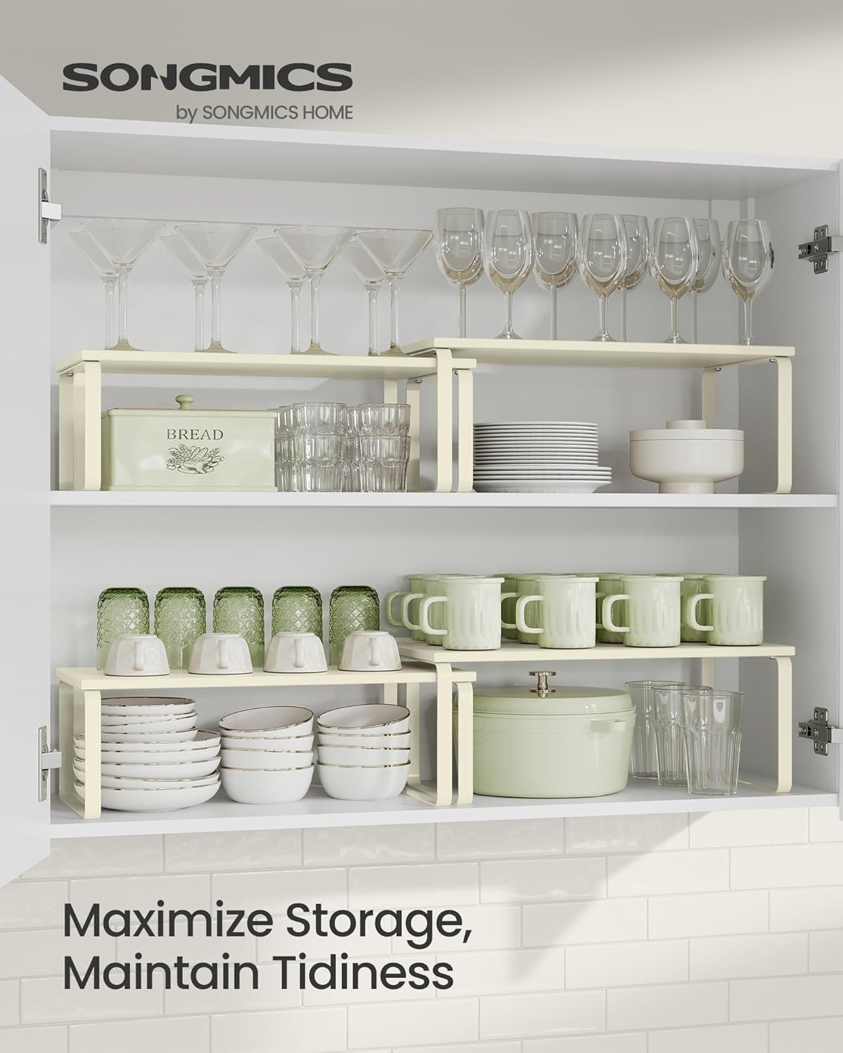 SONGMICS Cabinet Organizer Shelf, Set of 2 Kitchen Counter Shelves, Kitchen Storage, Spice Rack, Stackable, Expandable, Metal and Engineered Wood, Cream White UKCS200W02