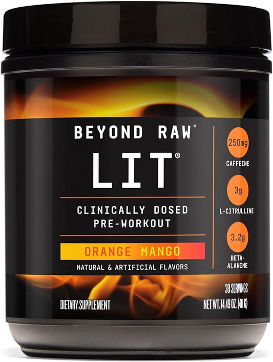 BEYOND RAW LIT | Clinically Dosed Pre-Workout Powder | Contains Caffeine, L-Citrulline, Beta-Alanine, and Nitric Oxide | Orange Mango | 30 Servings