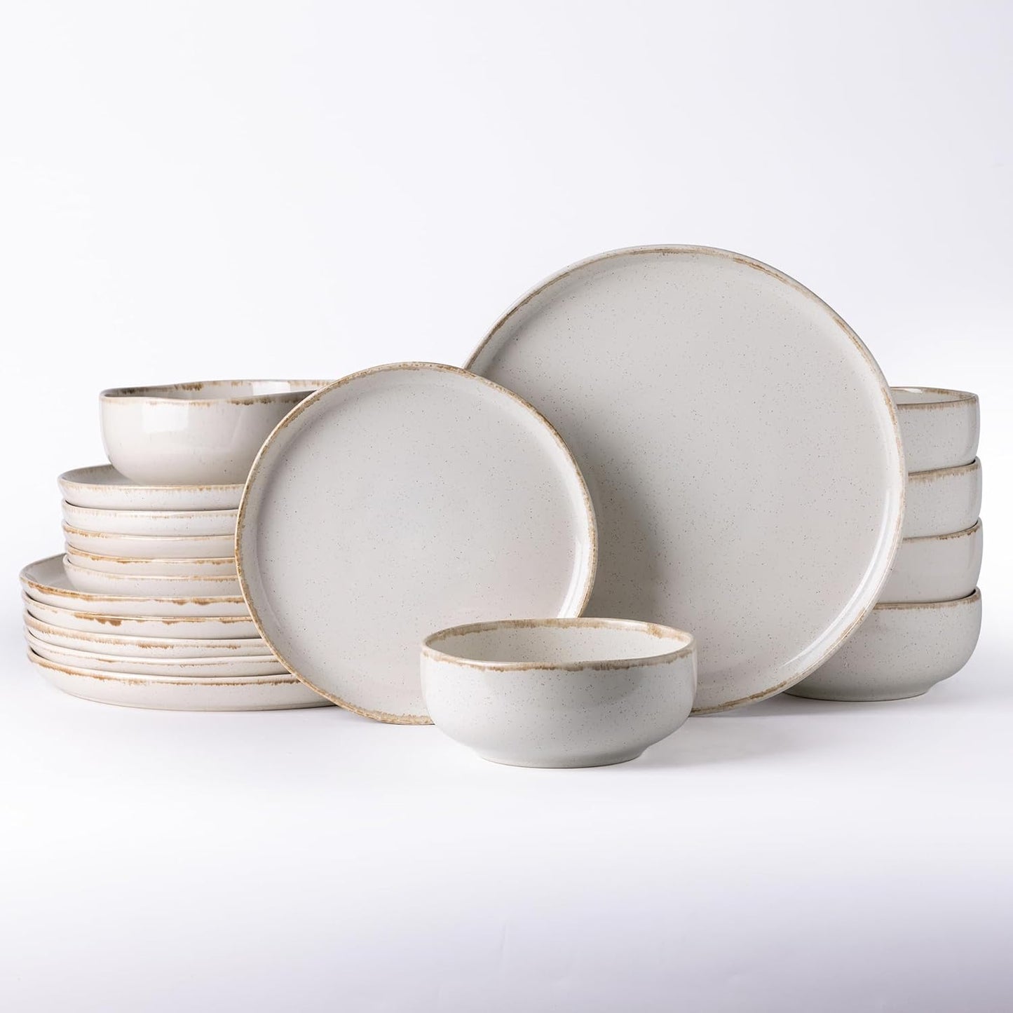 AmorArc Ceramic Dinnerware Sets, Wavy Rim Stoneware Plates and Bowls Sets, Highly Scratch Resistant | Dishwasher & Microwave Dishes set, Service for 8 (24pc)-Speckled Cappuccino