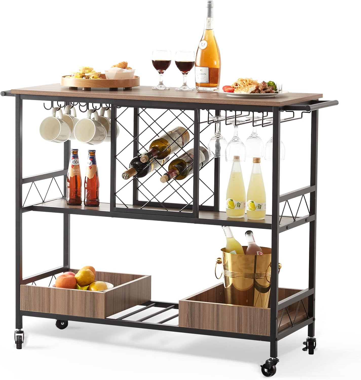 VEVOR Bar Cart, Home Serving Cart, 3 Tiers 300 LBS Industrial Rolling Beverage Station on Lockable Wheels, Mobile Alcohol Drink Cart with Removable Tray Wine Rack Glass Holder for Kitchen Dining Room