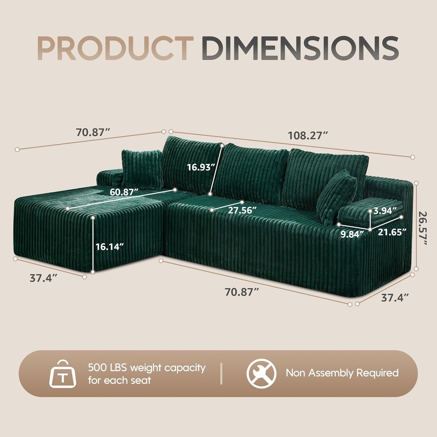 Hobestluk Modular Sectional Sofa Couches 108" L-Shape Couch 3 Seat Modular Sofa Memory Foam Sectional Couches for Living Room, Boneless Couch with Oversized Chaise (Green, Left Facing)