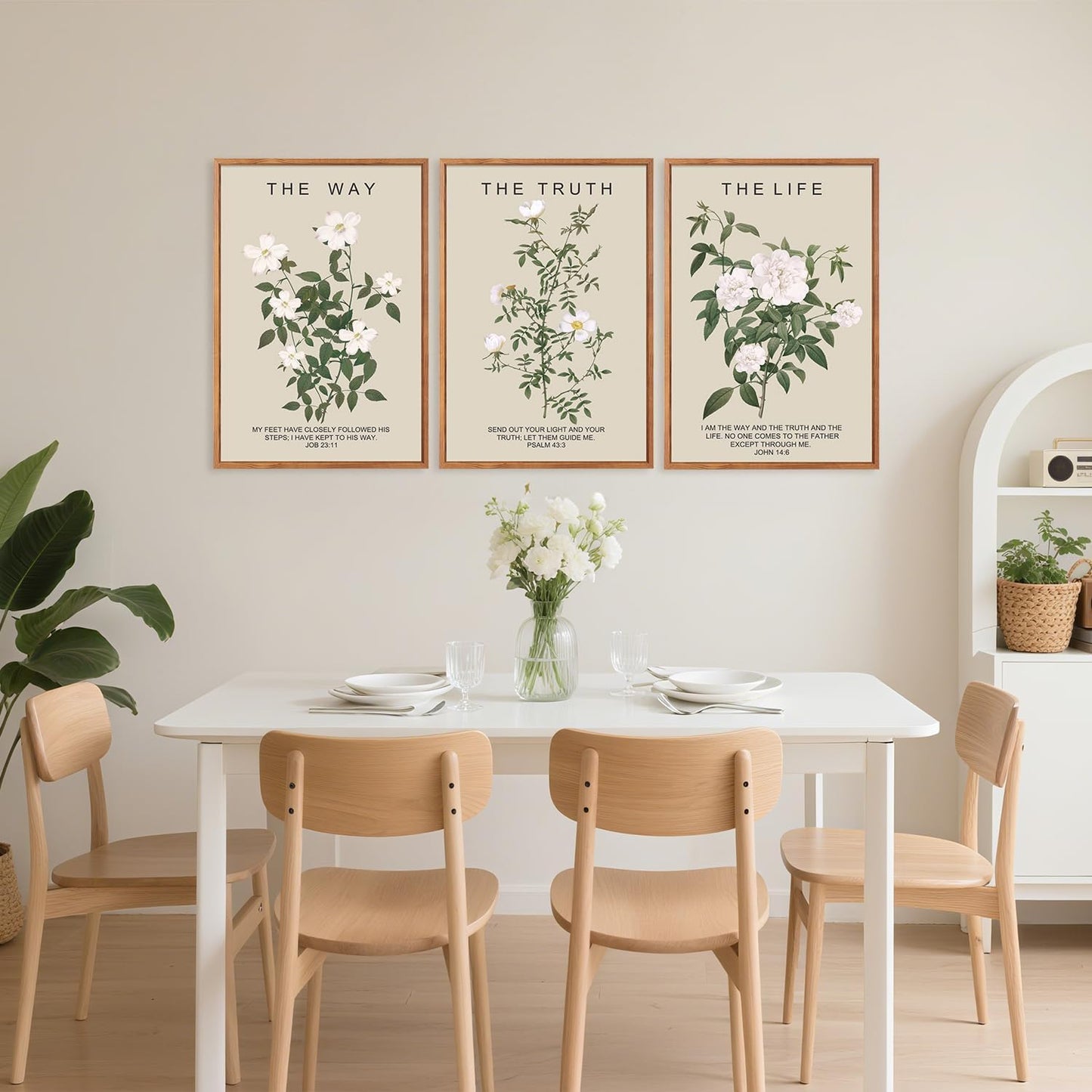 Aurlan The Way The Truth The Life Bible Verse Framed Wall Art(16"x24"), 3PCS Boho Christian Scripture Canvas Artwork, Large Floral Botanical Job 23:11 Psalm 43:3 John 14:6 Decor for Home Bedroom