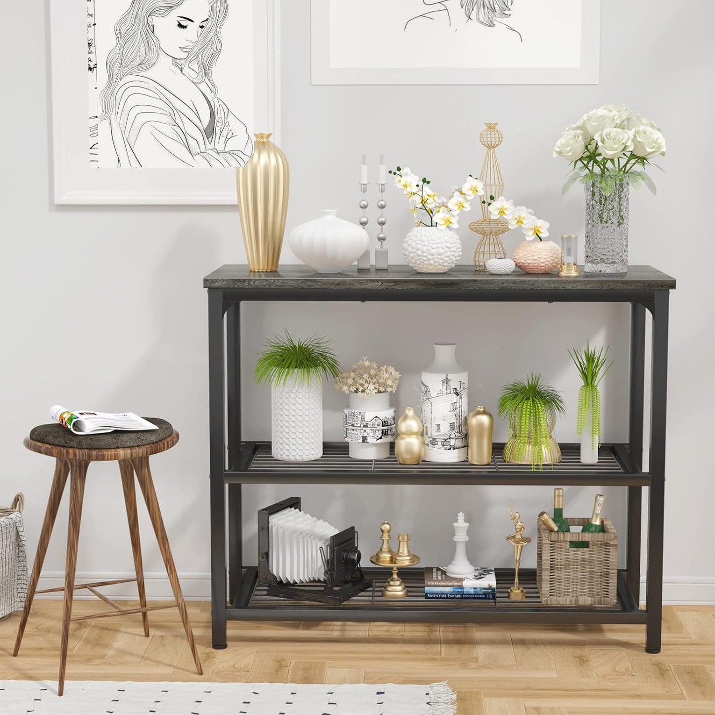 Ecoprsio Small Console Table, Sofa Table with Double Mesh Shelves, Modern Entryway Table for Entryway, Hallway, Foyer, Front Hall, Sofa Couch, Living Room, Bar, Kitchen, 32 Inch, Grey