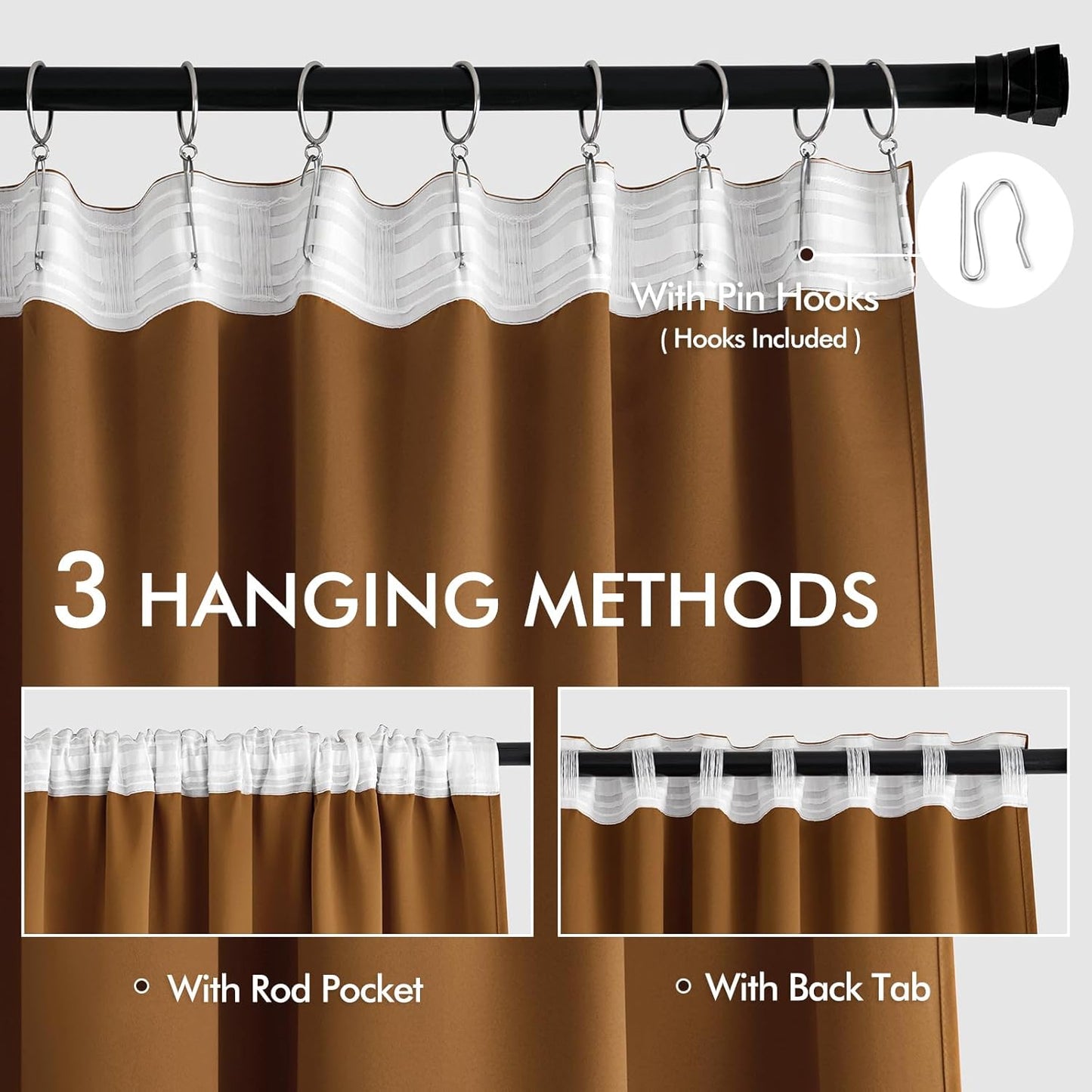 MIULEE Golden Brown Back Tab Blackout Curtains 72 Inches Long 2 Panels Set for Living Room Bedroom Privacy, Rod Pocket/Pinch Pleat Thermal Insulated Room Darkening Pleated Light Blocking Drapes