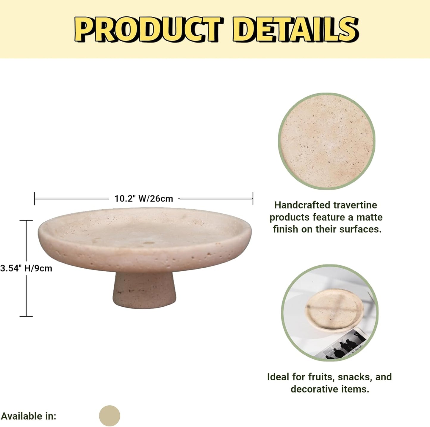 Natural Travertine Fruit Bowl 10.2" – Large Decorative Bowl & Travertine Decor Pedestal for Kitchen Counter & Dining Table ,For Entryway, Kitchen Fruit Bowl, Potpourri, Dining Table Centerpiece.