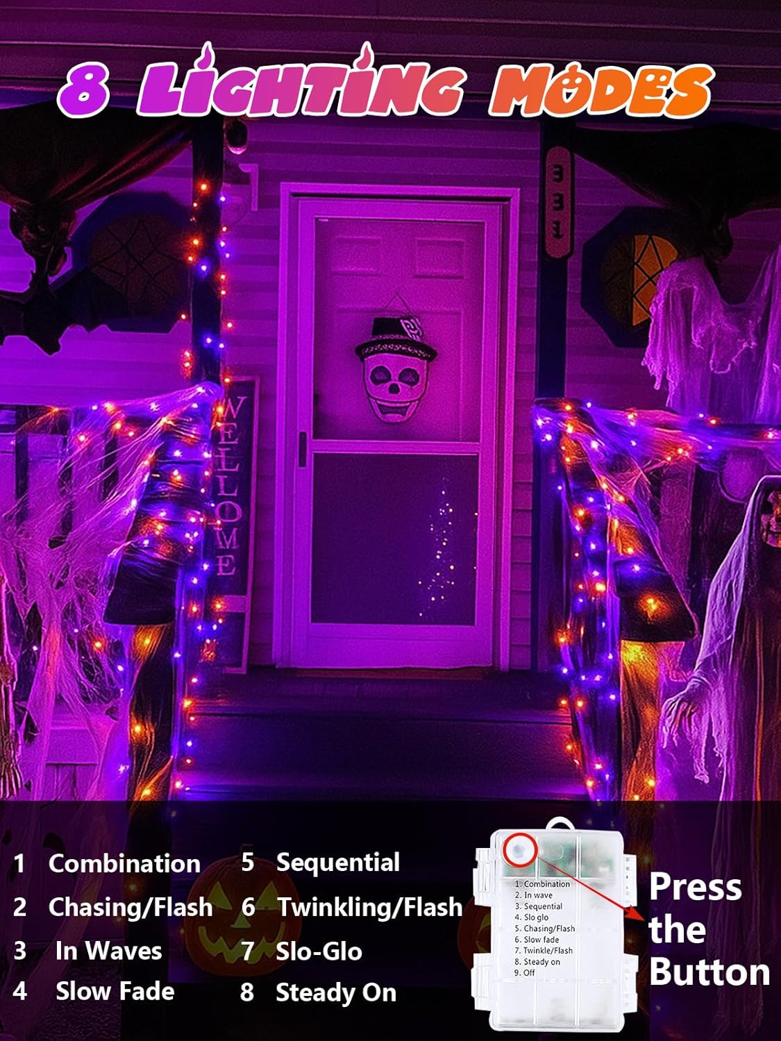 2 Pack Halloween String Lights Battery Operated with Timer, 66FT 200 LED Waterproof Orange and Purple Lights, Twinkle Fairy Light with 8 Modes for Indoor & Outdoor Party Bedroom Halloween Decorations