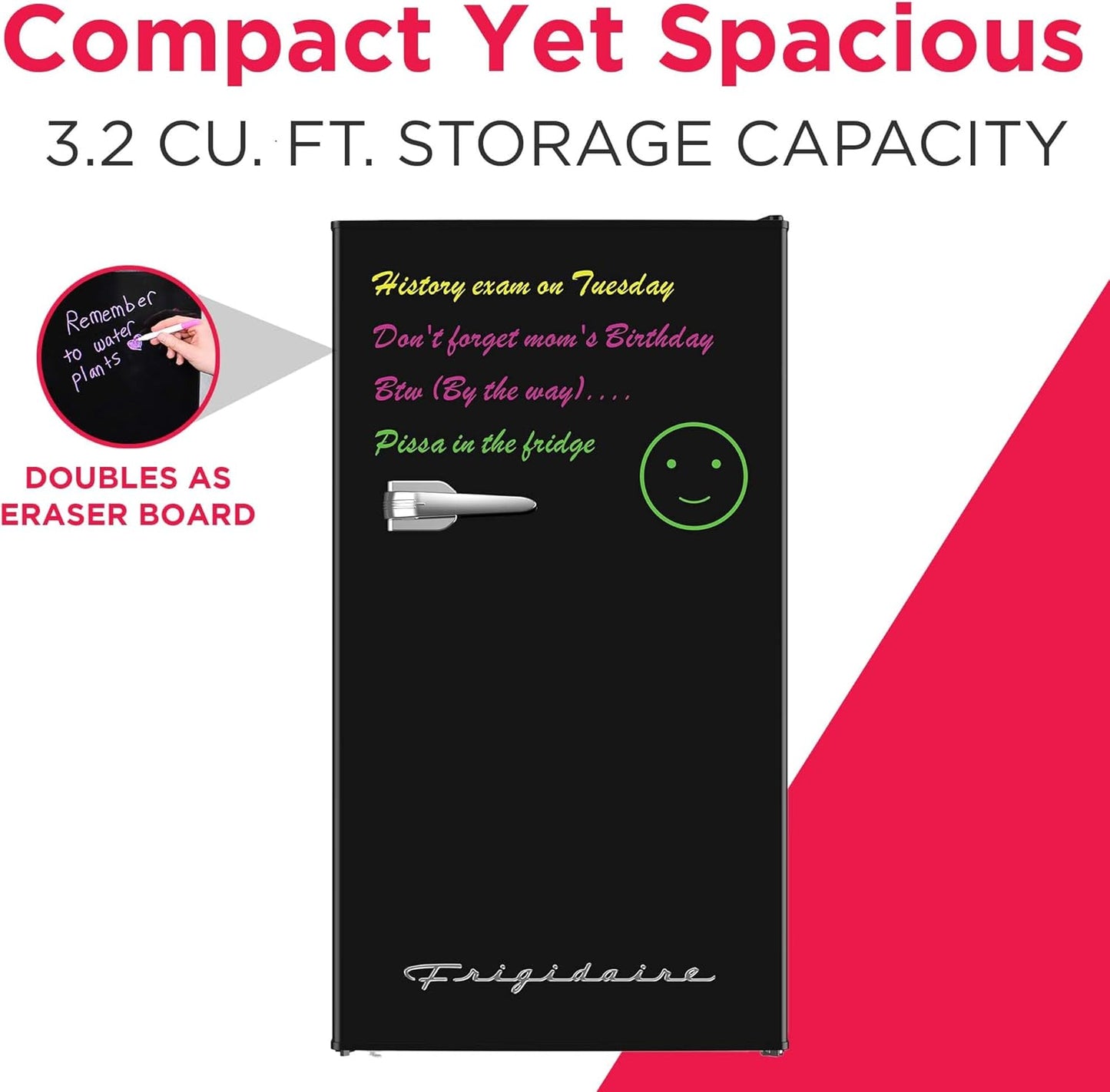 Frigidaire EFR331 Single Door Compact Refrigerator - Adjustable Thermostat Control - Reversible Doors - Front Blackboard, Write and Erase - Ideal for Dorm, Office, RV, Room - Black, 3.2 Cubic Feet