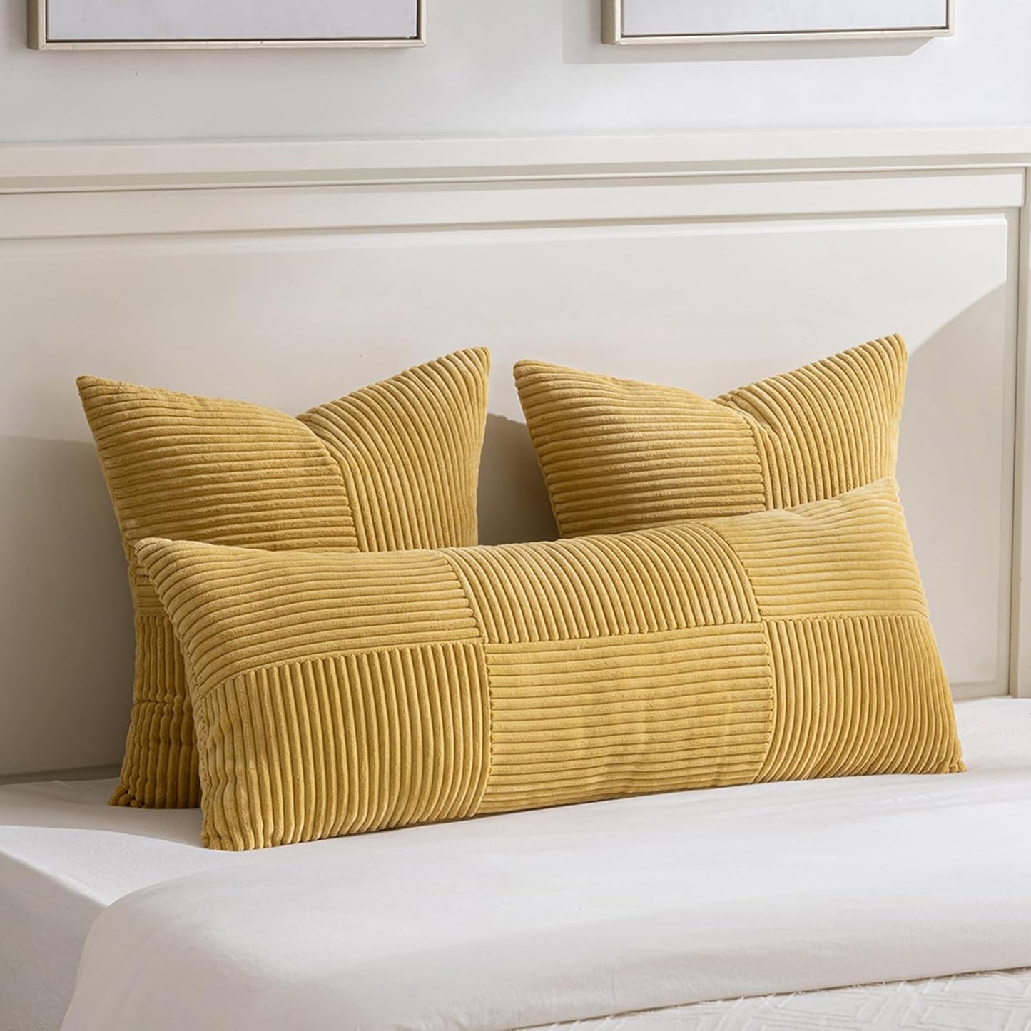 Fancy Homi 2 Packs Mustard Yellow Euro Decorative Throw Pillow Covers 28x28 Inch for Couch Bed, Farmhouse Boho Home Decor, Soft Corss Corduroy Patchwork Textured Square Cushion Case 71x71 cm