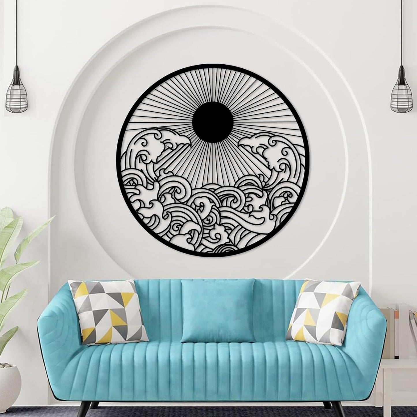 flyoak Metal Sun Wall Decor Outdoor, Sunrise Metal Wall Art, Metal Wave Wall Art, Sunrise and Wave Wall Decor, Sunburst Wall Art, Sunset Wall Art, Wall Hangings for Bedroom (White, 19x19in|47x47cm)
