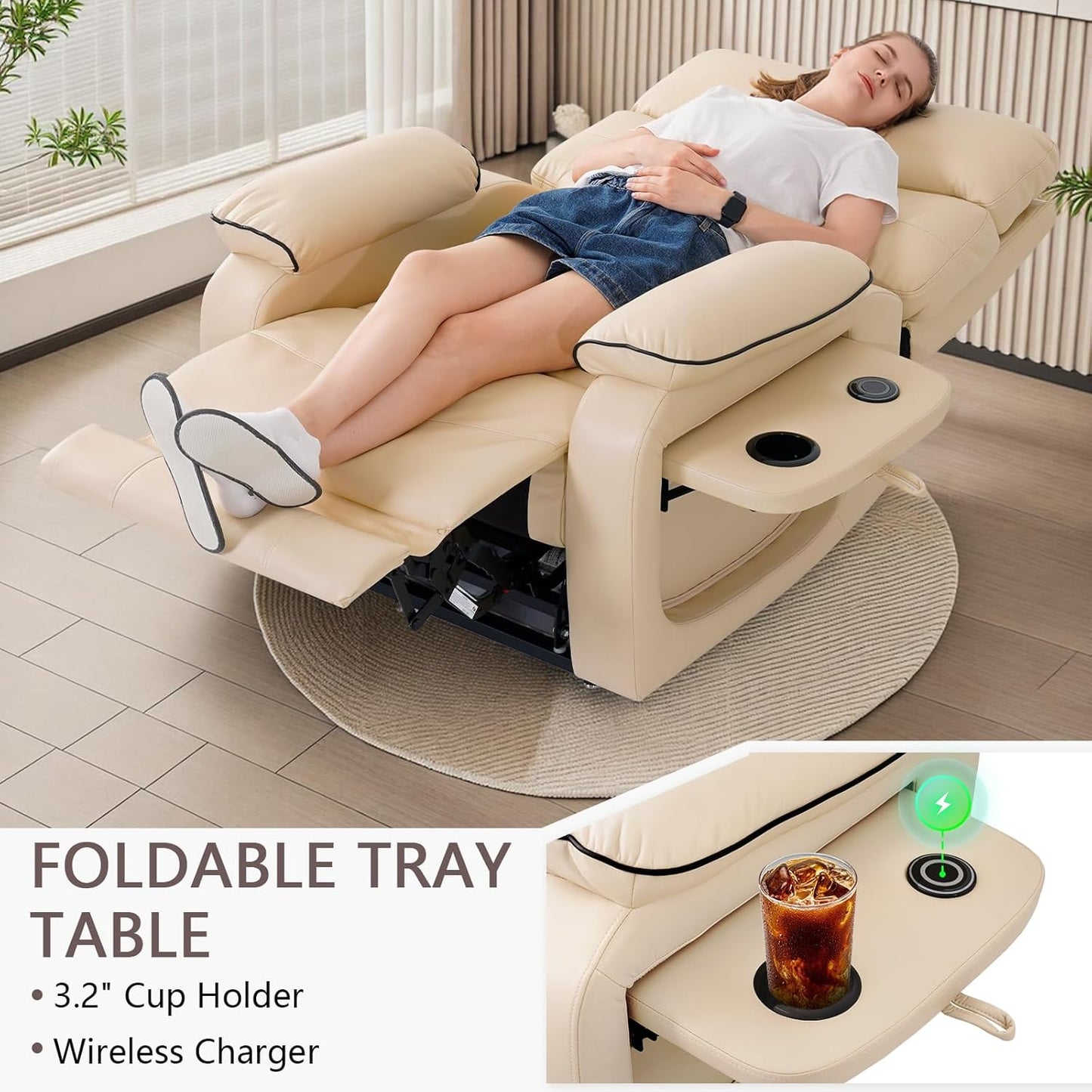 Dual Motor Power Lift Recliner Chair for Adult & Elderly, Infinite Position Lay Flat Lift Chair with Heat & Massage, Cup Holder, Lumbar Pillow, Wireless Charger, USB Ports, Leather (Beige)