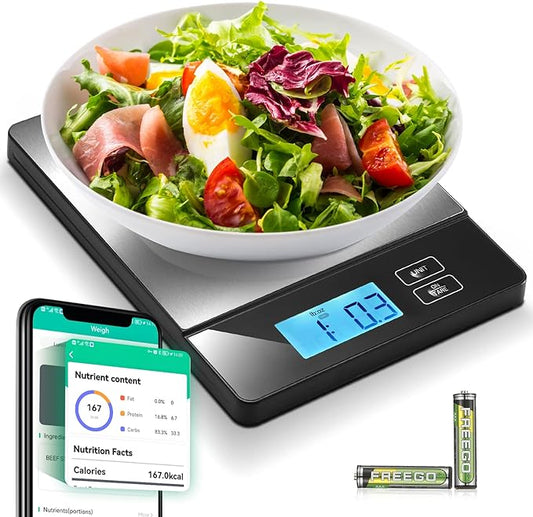 Smart Food Scales for Kitchen, Stainless Steel Digital Food Scale Grams and Ounces with Nutritional Calculator App, Food Weight Scale for Weight Loss, Calorie, Diet, Meal Prep 0.1oz / 11lb