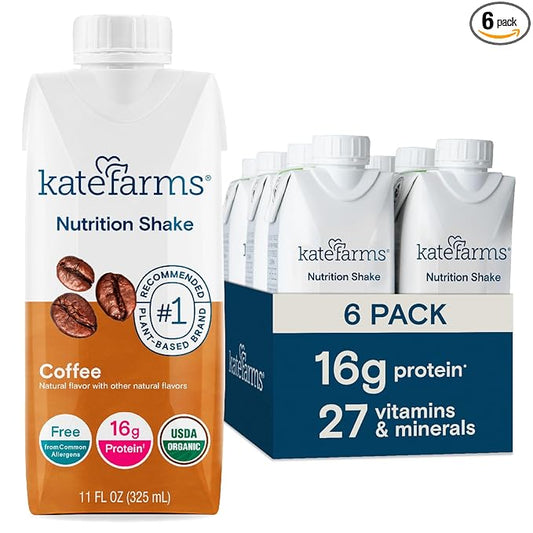 KATE FARMS Organic Nutrition Shake, Coffee, 16g protein, 27 Vitamins 11 oz (6 Pack)