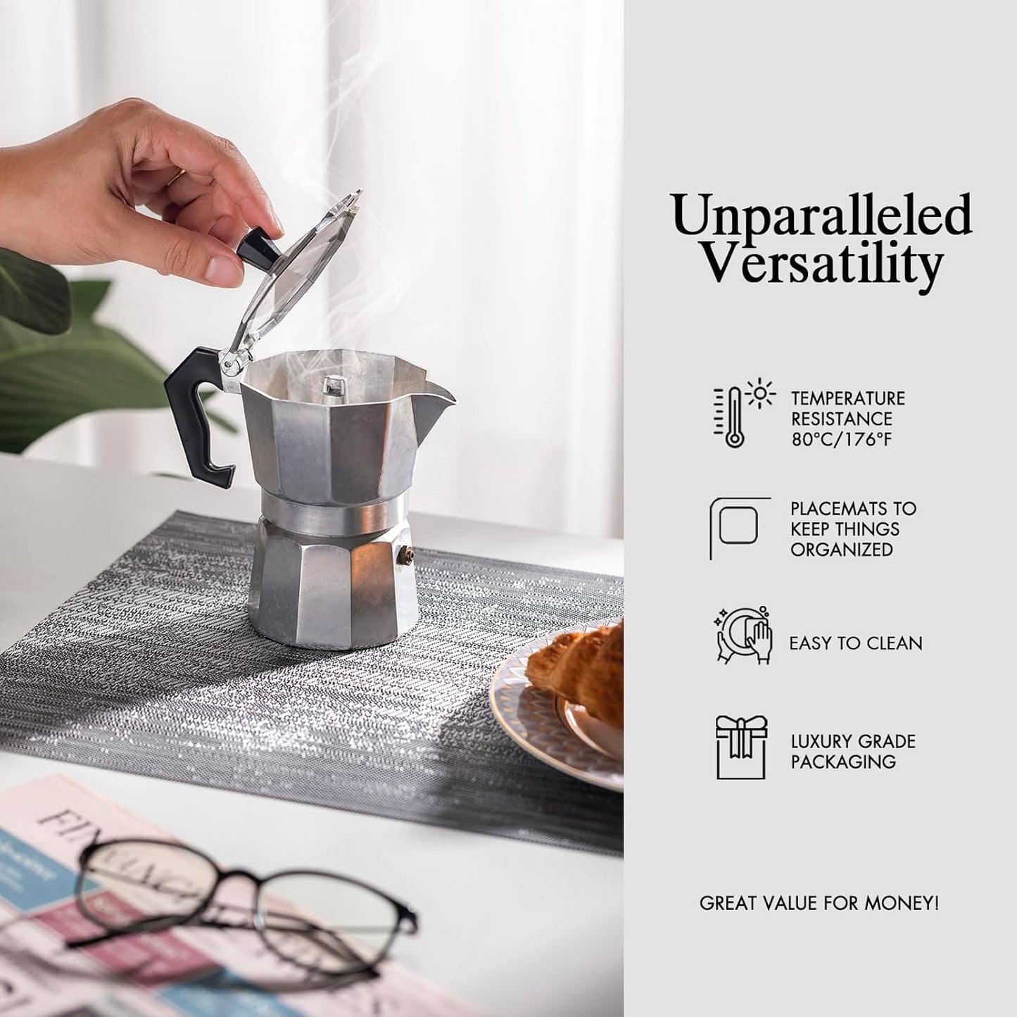 Placemats Set of 4 - Easy Clean Woven Vinyl Placemat for Dining Table, Indoor/Outdoor Place Mats, Washable PVC Table Mats（Gray）