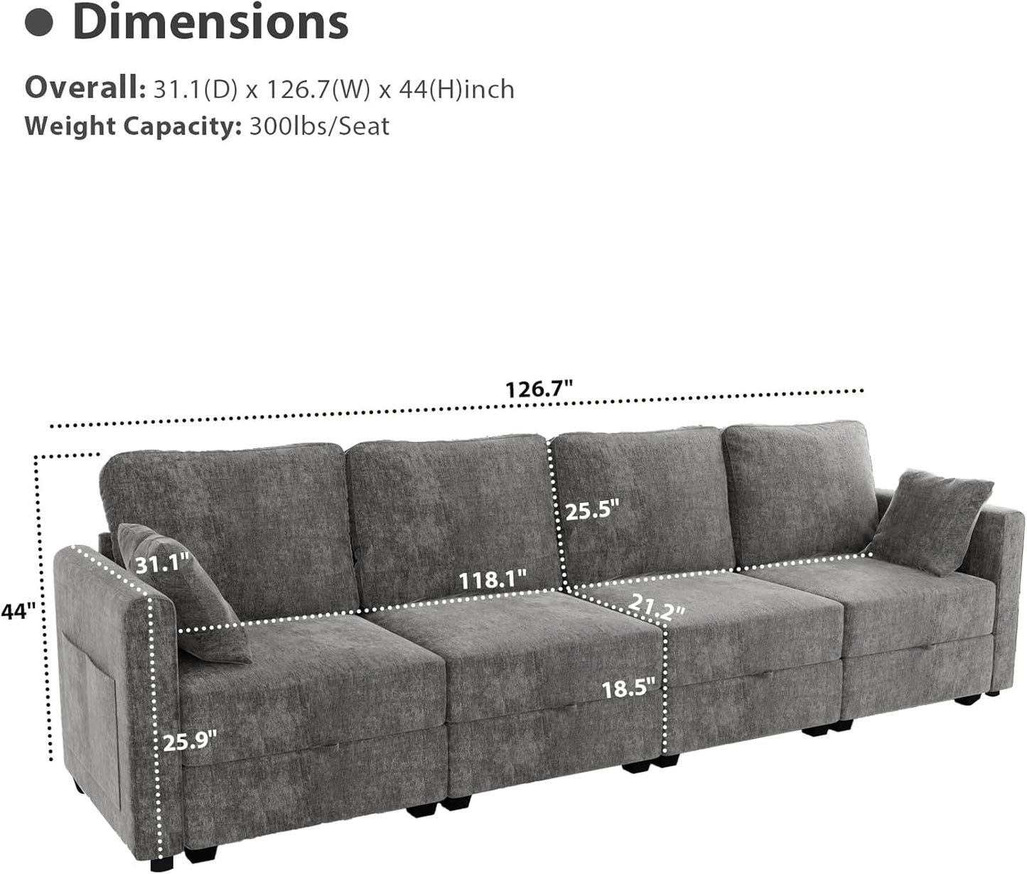 mestyl Modular Sectional Sofa Convertible Sofa Couch Set with Storage for Living Room, Modern 4 Seater Modular Sectional Couch (Grey)