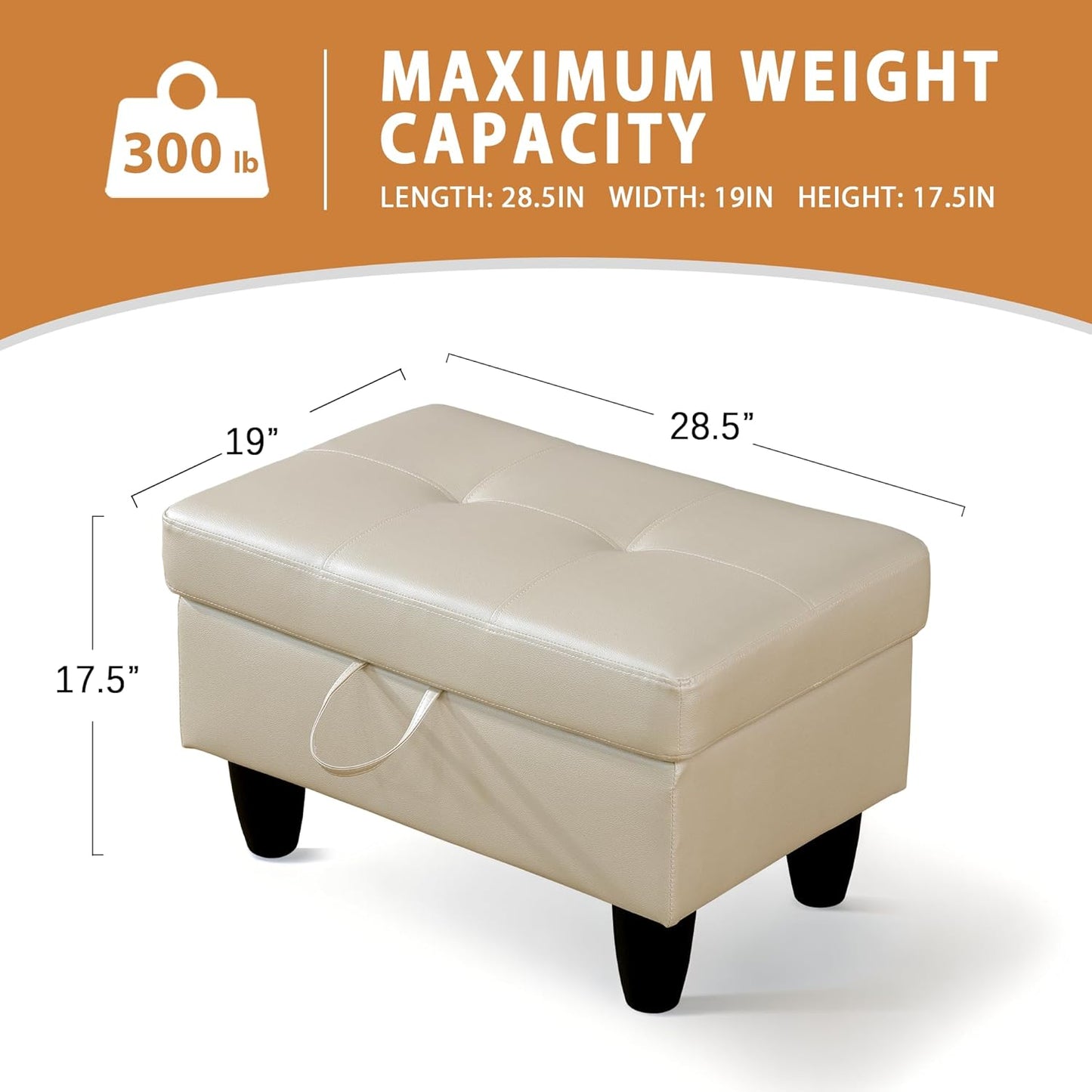 Ottoman Rectangular Storage Ottoman Bench, Faux Leather Footrest, Coffee Table, Stool Footstool with Hinged Lid for Living Room, Bedroom, Entryway, White, 28.5"x19"x17.5"