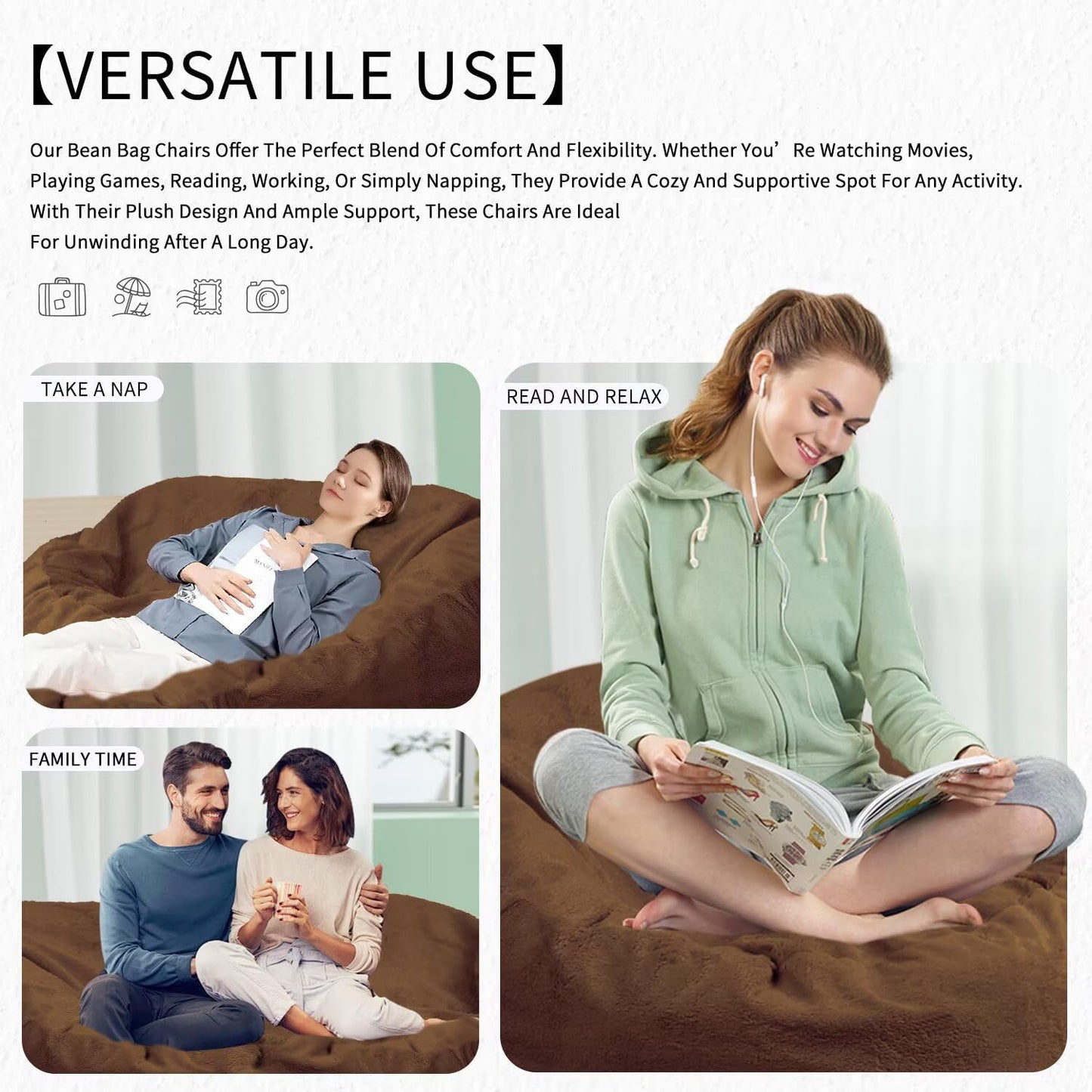 Bean Bag Chair for Adults 4FT,Soft Removable Cover for Teens/Girls Bedroom,Fluffy Giant Round Floor Beanbag Lounger Chairs (No Filler,Deep Coffee)