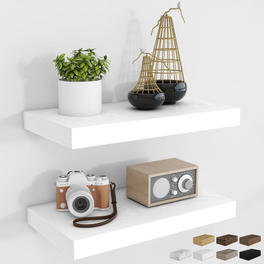 RICHFOCUS 16Inch Floating Shelves for Wall 2 Pack Shelves for Bedroom|Kitchen|Bathroom Wall Mounted Rustic Wood Floating Shelf with Invisible Brackets for Books|Storage|Decor, White