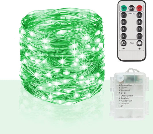 suddus Green Christmas Lights, 33ft 100 LED String Lights with Remote, Green Fairy Lights Battery Operated for Christmas, St Patricks Day, Bedroom, Wreath, Patio, Backyard, Garde, Party Decorations