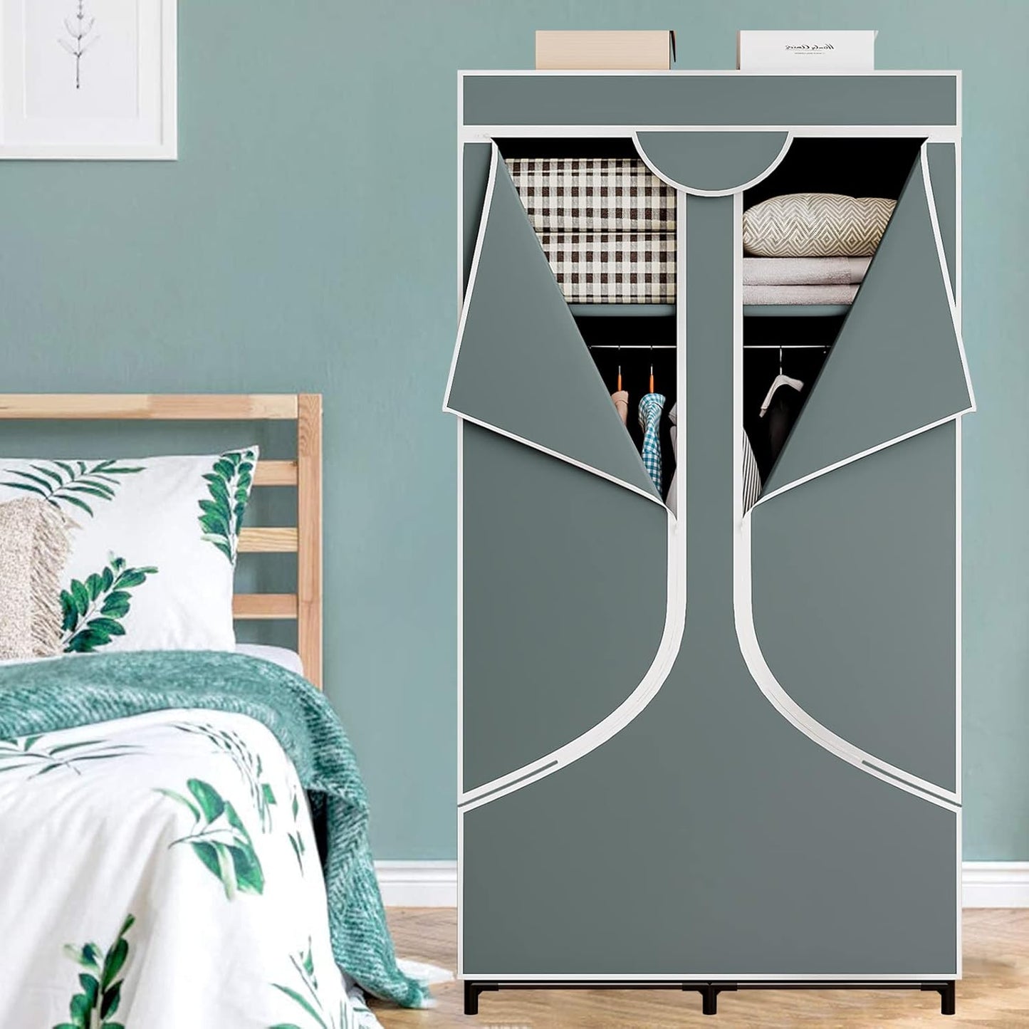 SORCEDAS Portable Wardrobe Closet Storage Organizer Metal Hanging Rack Non-Woven Fabric 34 Inch Grey