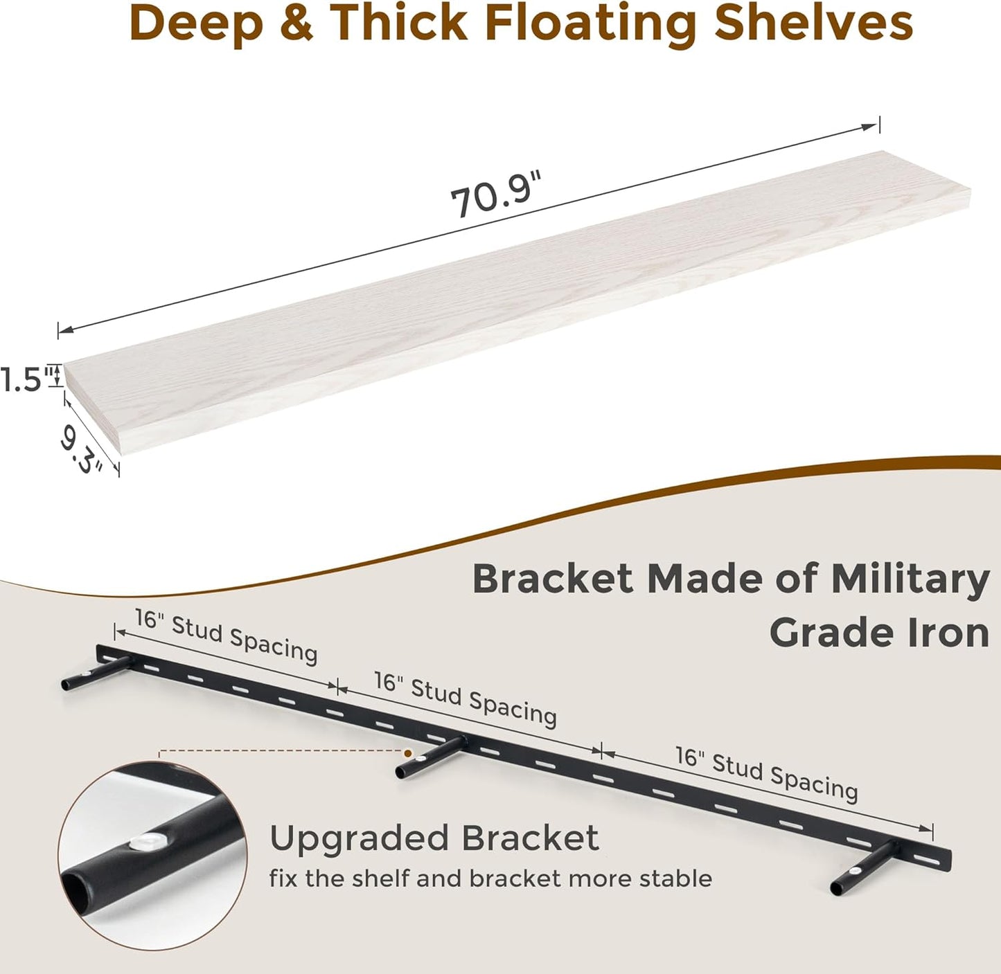 72 Inch Floating Shelves, 72 x 9 Rustic Wooden Fireplace Mantel, 9 Inch Floating Shelf for Wall, Farmhouse Wall Shelves for Home Storage & Display, Brich Color, Set of 1