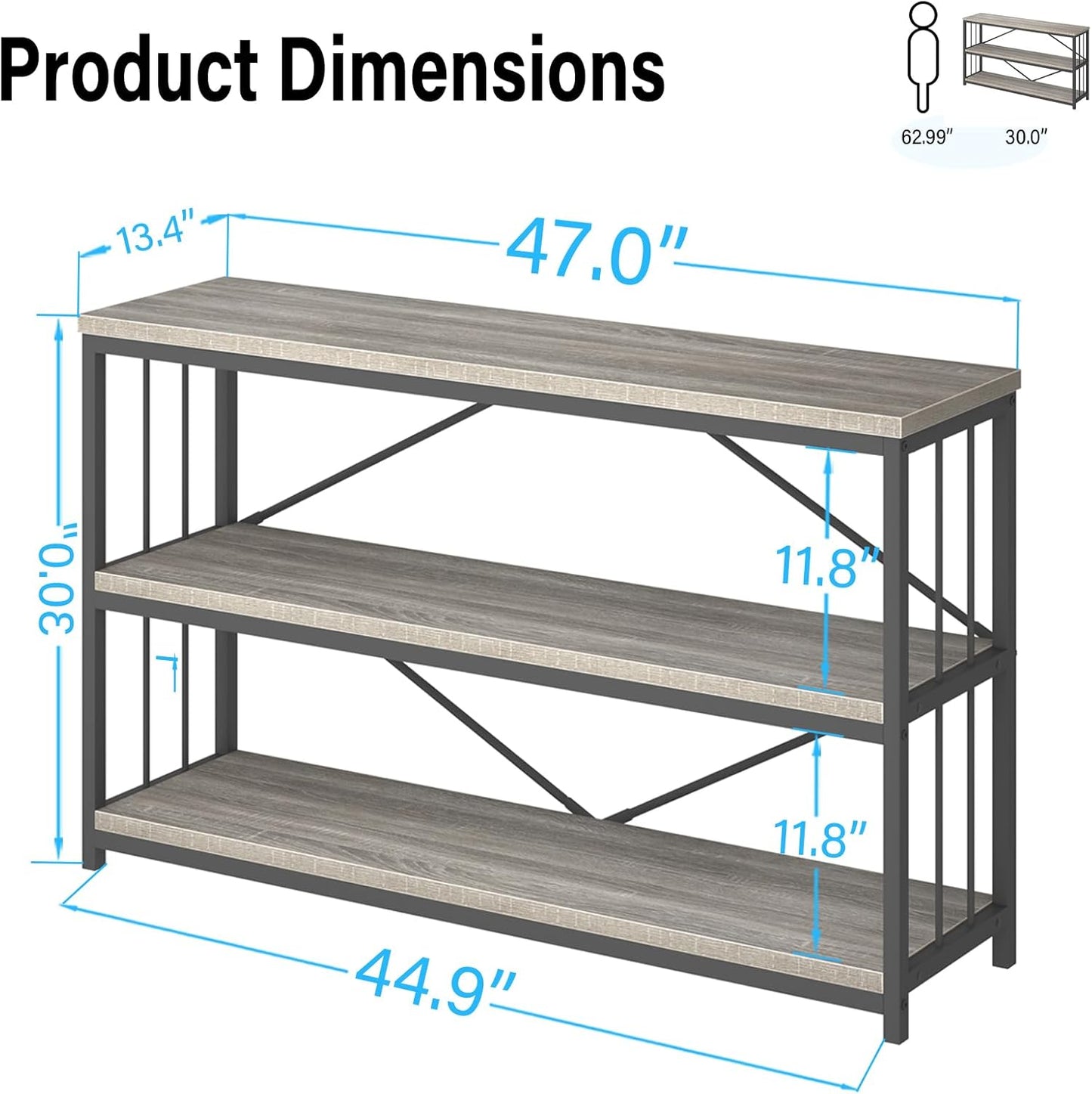LVB Farmhouse Entryway Table, Metal Wood Console Table for Hallway, Industrial Rustic Sofa Table with 3-Tier Storage Shelf, Modern Entry Table for Foyer Front Home Living Room, Light Grey Oak, 47 inch