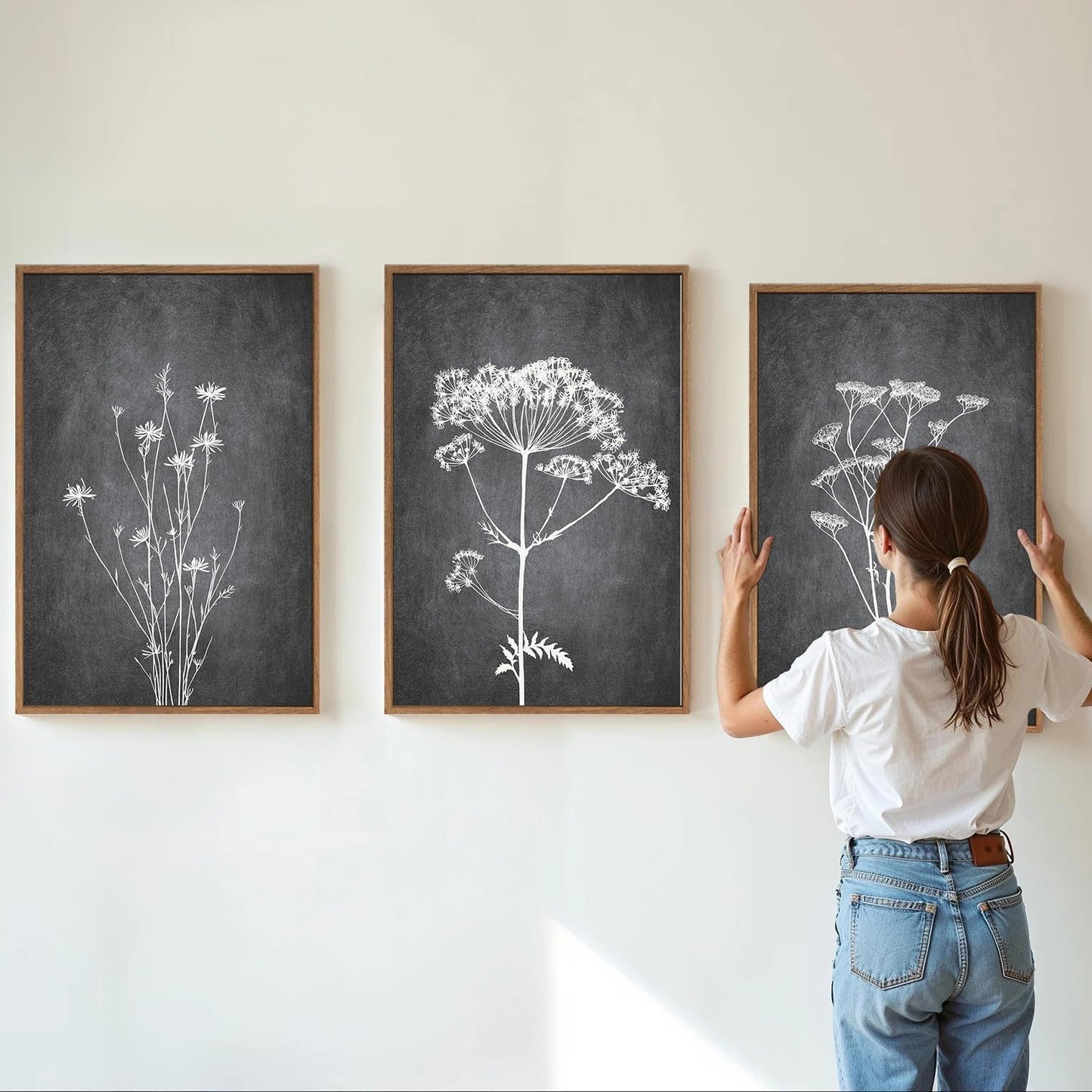 Tinonedraw Black and White Botanical Framed Canvas Wall Art Set, Vintage Floral Wall Decor, Dark Academia Minimalist Plant Art Paintings, Abstract Wildflower Art Print for Living Room Bedroom 16"x24"x3
