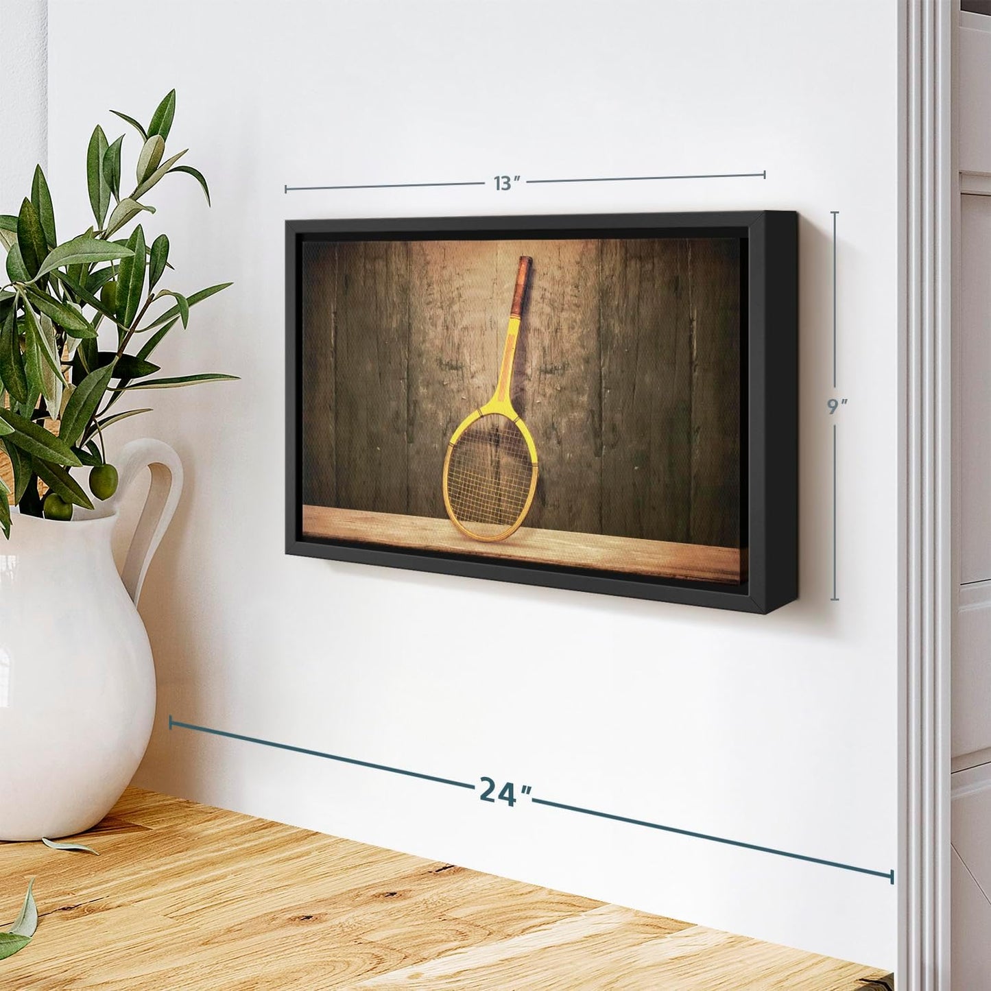 ElephantStock Vintage Tennis Racket Wall Art - Horizontal Framed Canvas - 1-Piece Living Room Wall Decor - Photography Sports Canvas Print - Brown and Black Decor for Wall - 13" X 9"