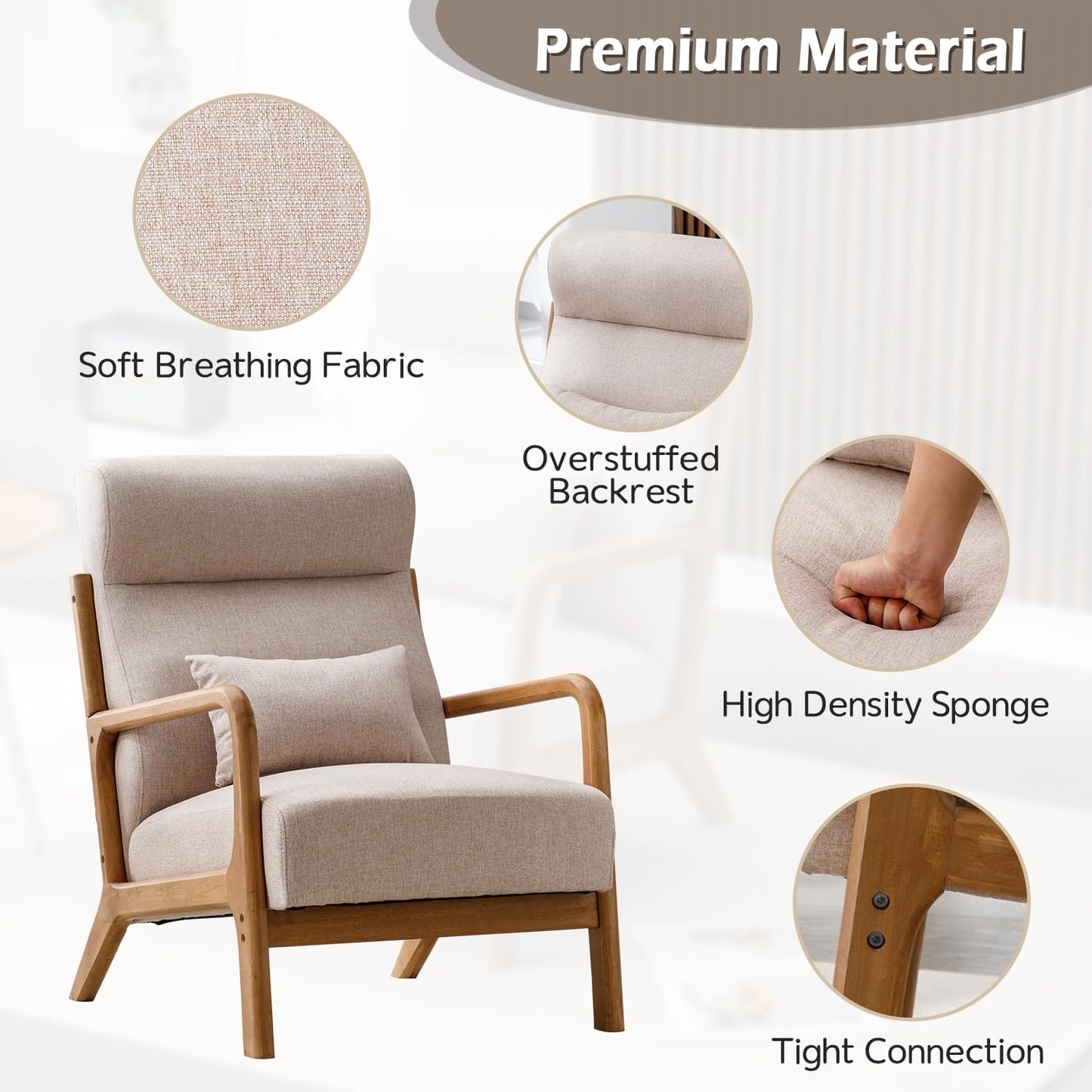 INZOY Mid Century Modern Accent Chair with High Back, Upholstered Living Room Chairs with Waist Cushion, Wood Frame Reading Armchair for Bedroom Sunroom, Beige