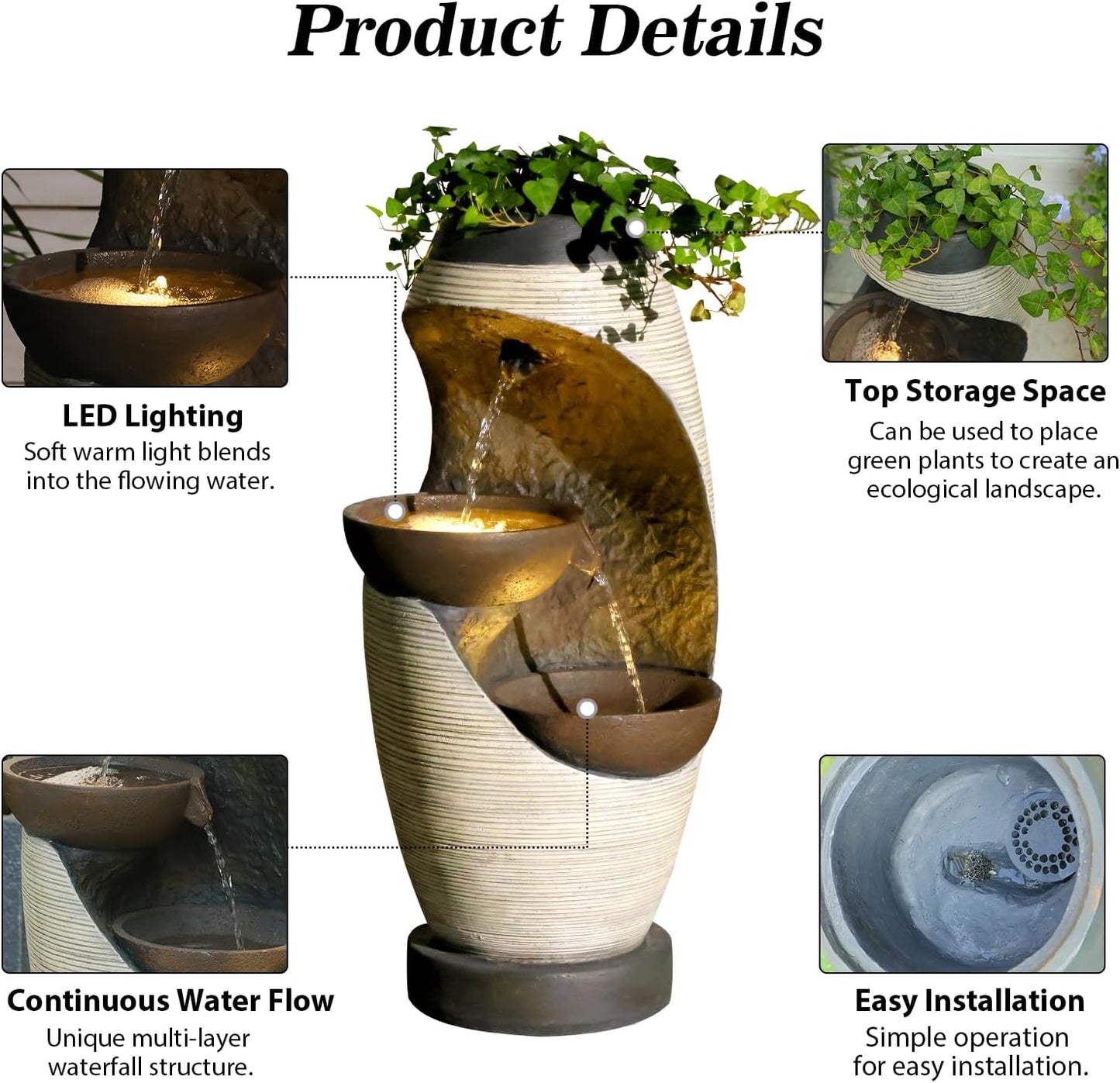 27.95''H Outdoor Garden Water Fountain, 2-Tier Bowl Shaped Floor - Standing Waterfall Fountain Indoor with LED Lights for Yard, Garden, Patio,Backyard & Home Decor