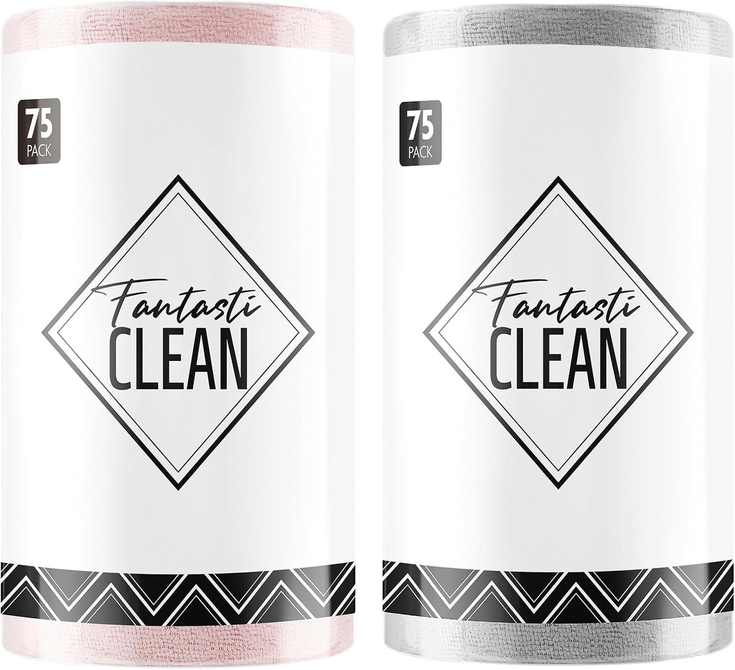 Fantasticlean Microfiber Cleaning Cloth Roll -150 Sheets, Tear Away Microfiber Towels, 12" x 12", Reusable Washable, Ultra Absorbent Dish Rags for Car, Home, Garage or Shop (Pink and Grey)